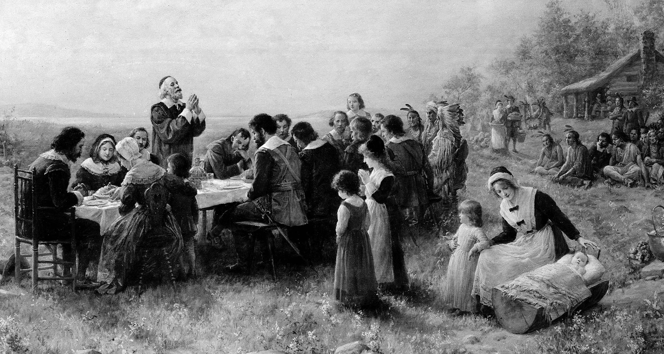** FOR USE WITH AP WEEKLY FEATURES ONLY** This 1914 oil painting by Jennie A. Brownscombe shows Pilgrims celebrating their first Thanksgiving together with American Indians, at Plymouth in 1621. The Puritan settlers had landed at Plymouth Rock the year before, and were giving thanks for their first harvest in the New World. (AP Photo) ORG XMIT: MIN2016112116184550