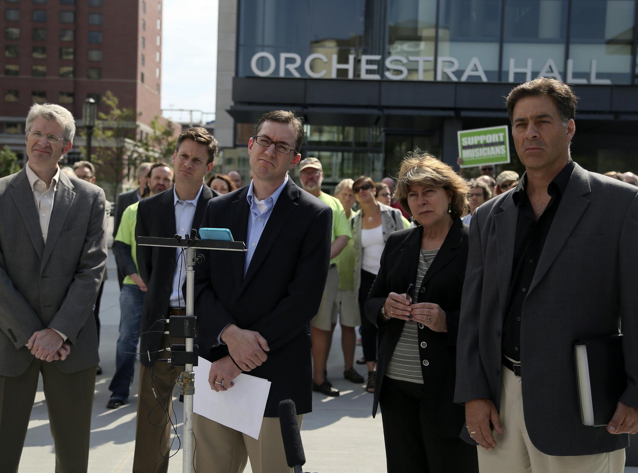 Minnesota Orchestra musicians announced that after a morning meeting with fellow orchestra musicians they are rejecting the newest offer by management to resolve a labor contract outside and were seen during a press conference outside Orchestra Hall on Thursday, Sept. 5, 2013.