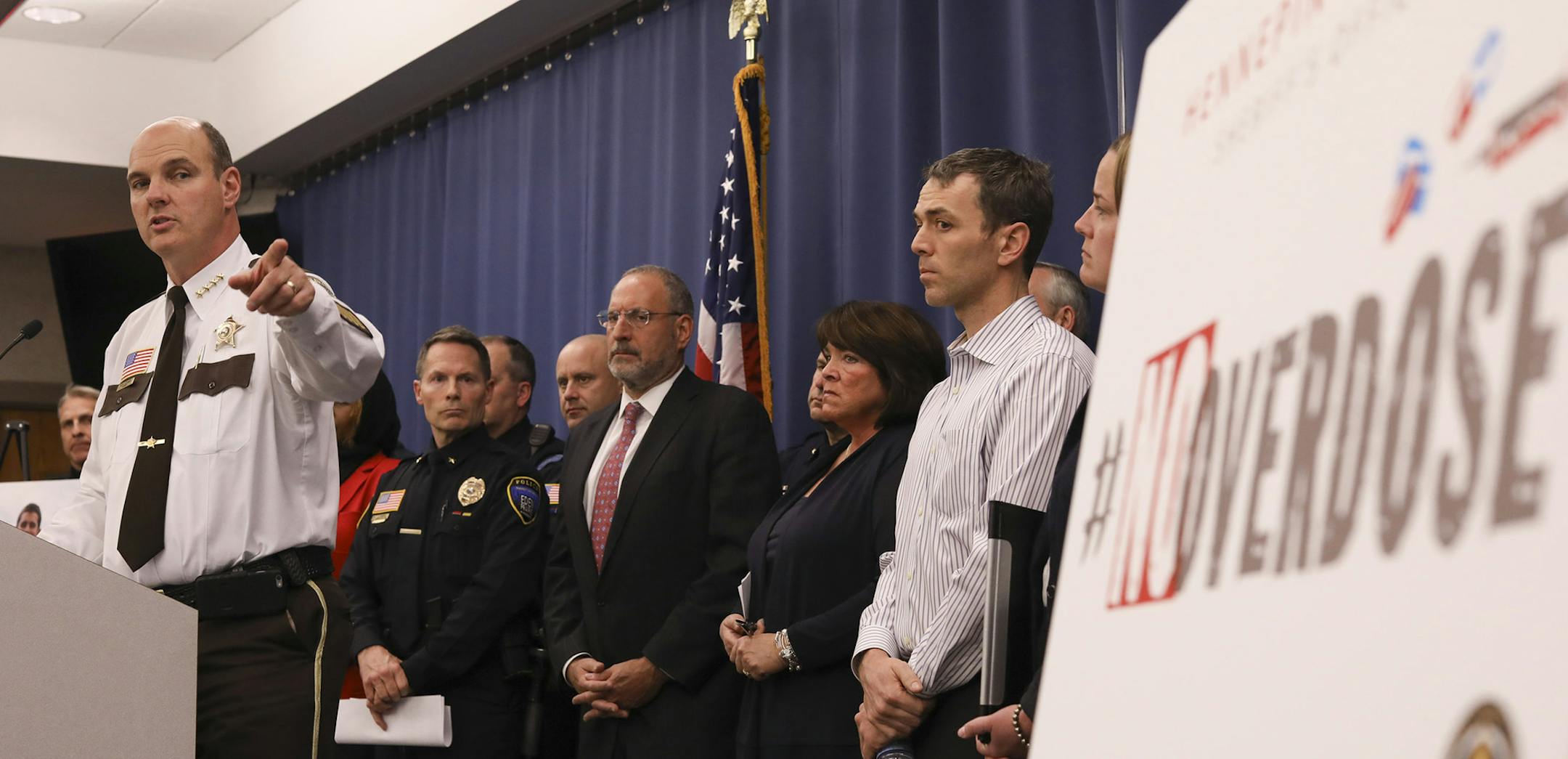 Hennepin County Sheriff Rich Stanek pointed to the logo that symbolizes the year-long anti-opioid campaign "Noverdose" during the news conference Tuesday afternoon. ] JEFF WHEELER ï jeff.wheeler@startribune.com On the heels of a record number of heroin overdoses in 2016, Hennepin County announced Tuesday a year-long effort called "Noverdose" to combat the epidemic. Hennepin County Sheriff Rich Stanek led off a news conference with several speakers at the Hennepin County Jail Tuesday afterno