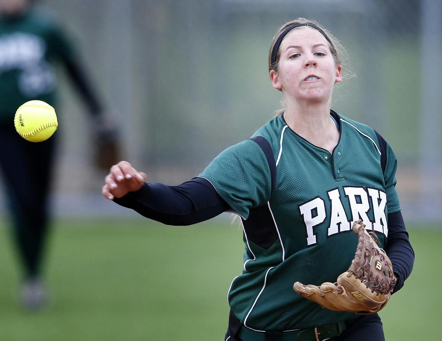 Rachel Suter (15) of Park High threw out a runner in the third inning. ] CARLOS GONZALEZ cgonzalez@startribune.com, May 11, 2015, Cottage Grove, MN, Park High School / prep girls softball, White Bear Lake at Park