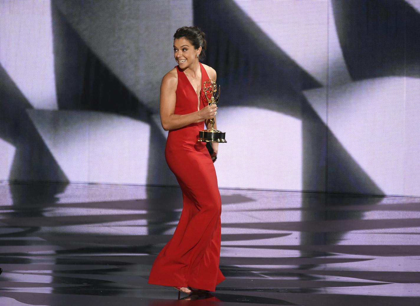 Tatiana Maslany accepts the award for outstanding lead actress in a drama series for "Orphan Black" at the 68th Primetime Emmy Awards on Sunday, Sept. 18, 2016, at the Microsoft Theater in Los Angeles.