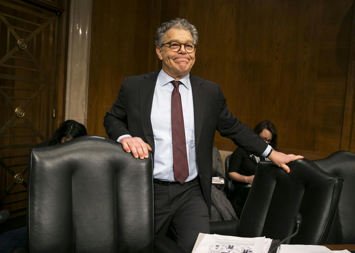 Sen. Al Franken (D-Minn.) arrived on Wednesday before a confirmation hearing of the Senate Health, Education, Labor and Pensions Committee for Alex Azar,