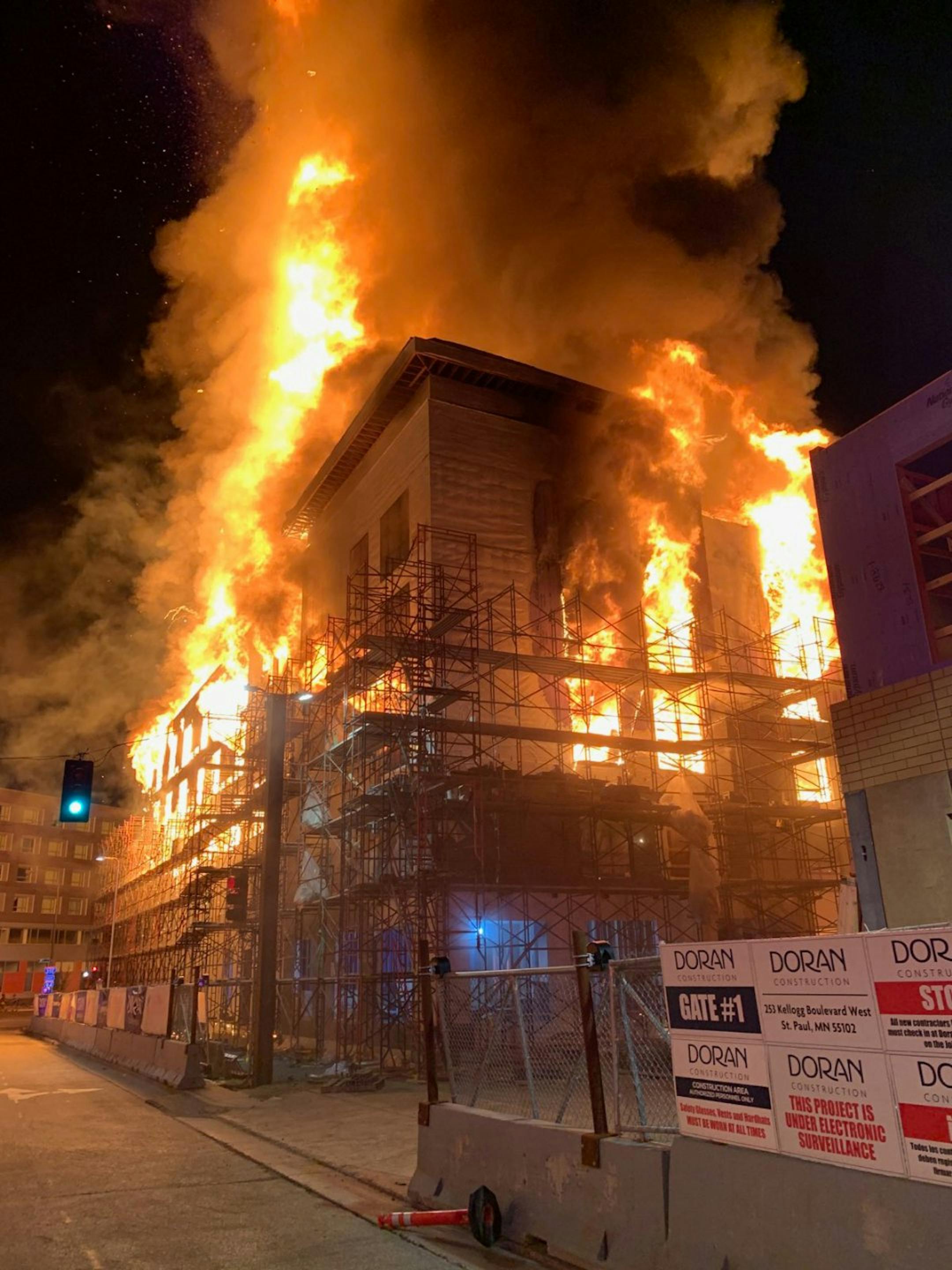 A building near the Xcel Energy Center in downtown St. Paul burned Tuesday morning.