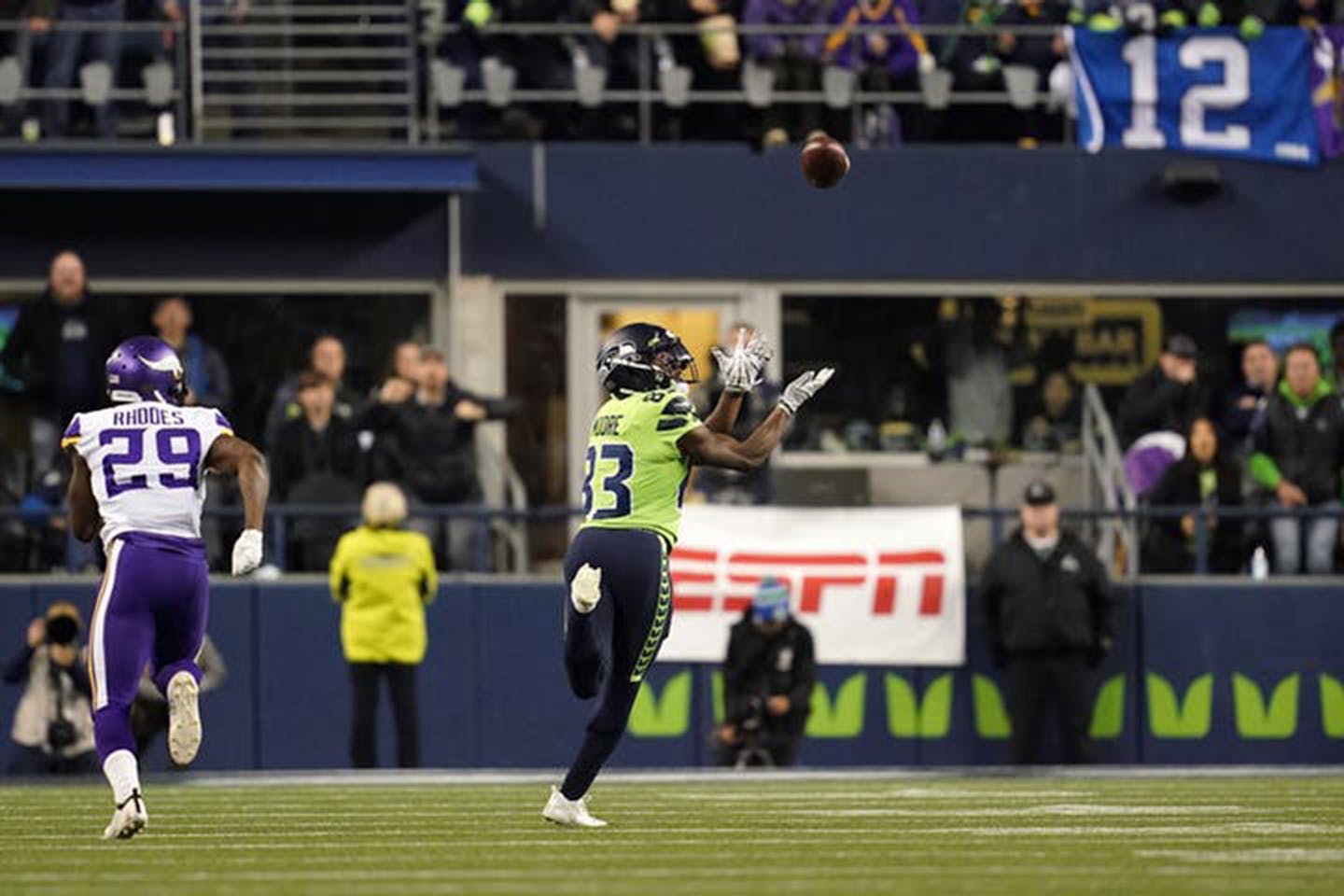 Seattle Seahawks wide receiver David Moore catches a long touchdown pass after getting by Minnesota Vikings' Xavier Rhodes in the third quarter on Monday, Dec. 2, 2019. (Anthony Souffle/Minneapolis Star Tribune/TNS) ORG XMIT: 1505708