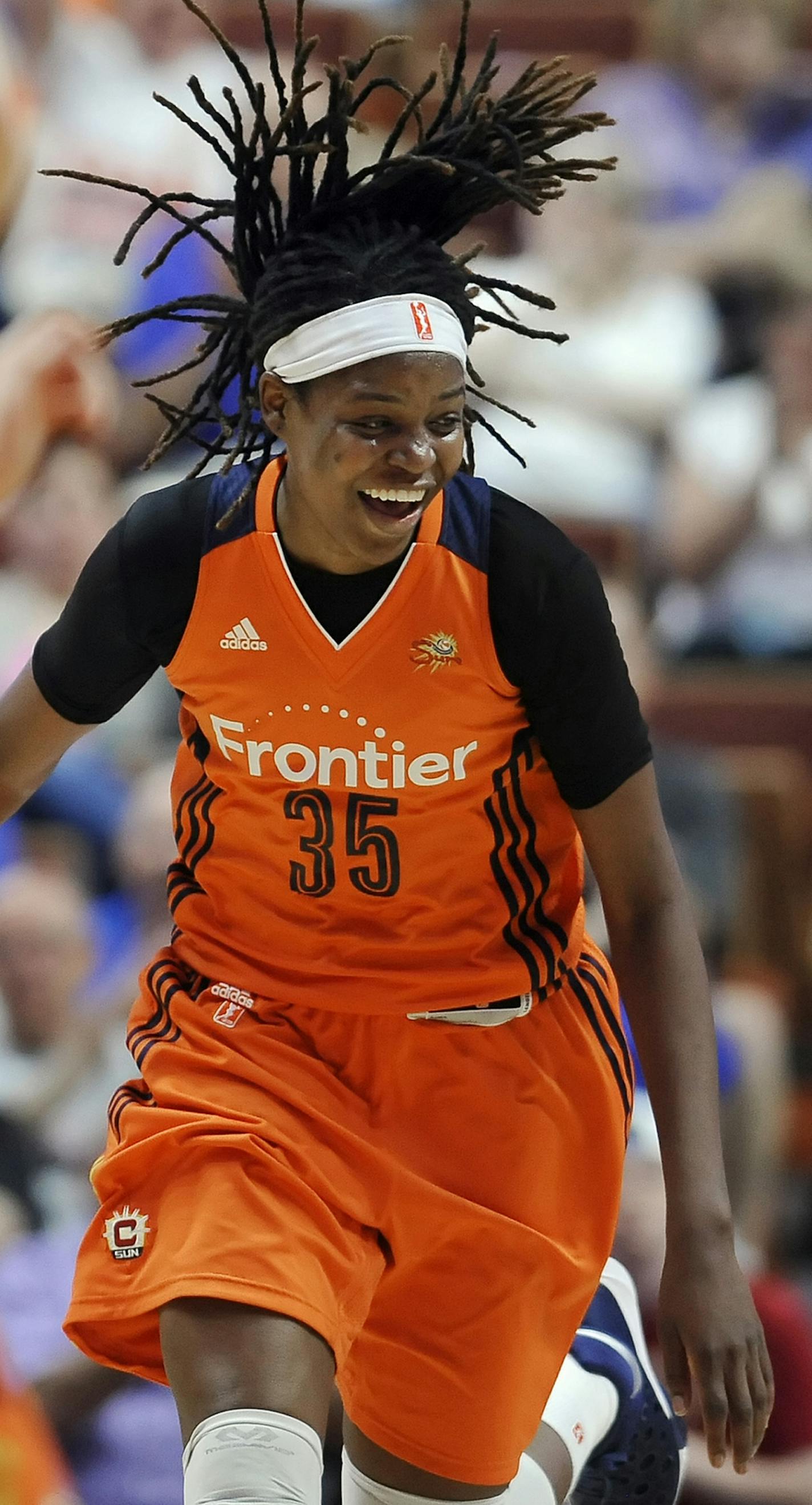 Connecticut Sun's Jonquel Jones reacts during the second half of a WNBA basketball game against the San Antonio Stars, Sunday, June 19, 2016, in Uncasville, Conn. (AP Photo/Jessica Hill) ORG XMIT: CTJH108