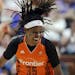 Connecticut Sun's Jonquel Jones reacts during the second half of a WNBA basketball game against the San Antonio Stars, Sunday, June 19, 2016, in Uncas