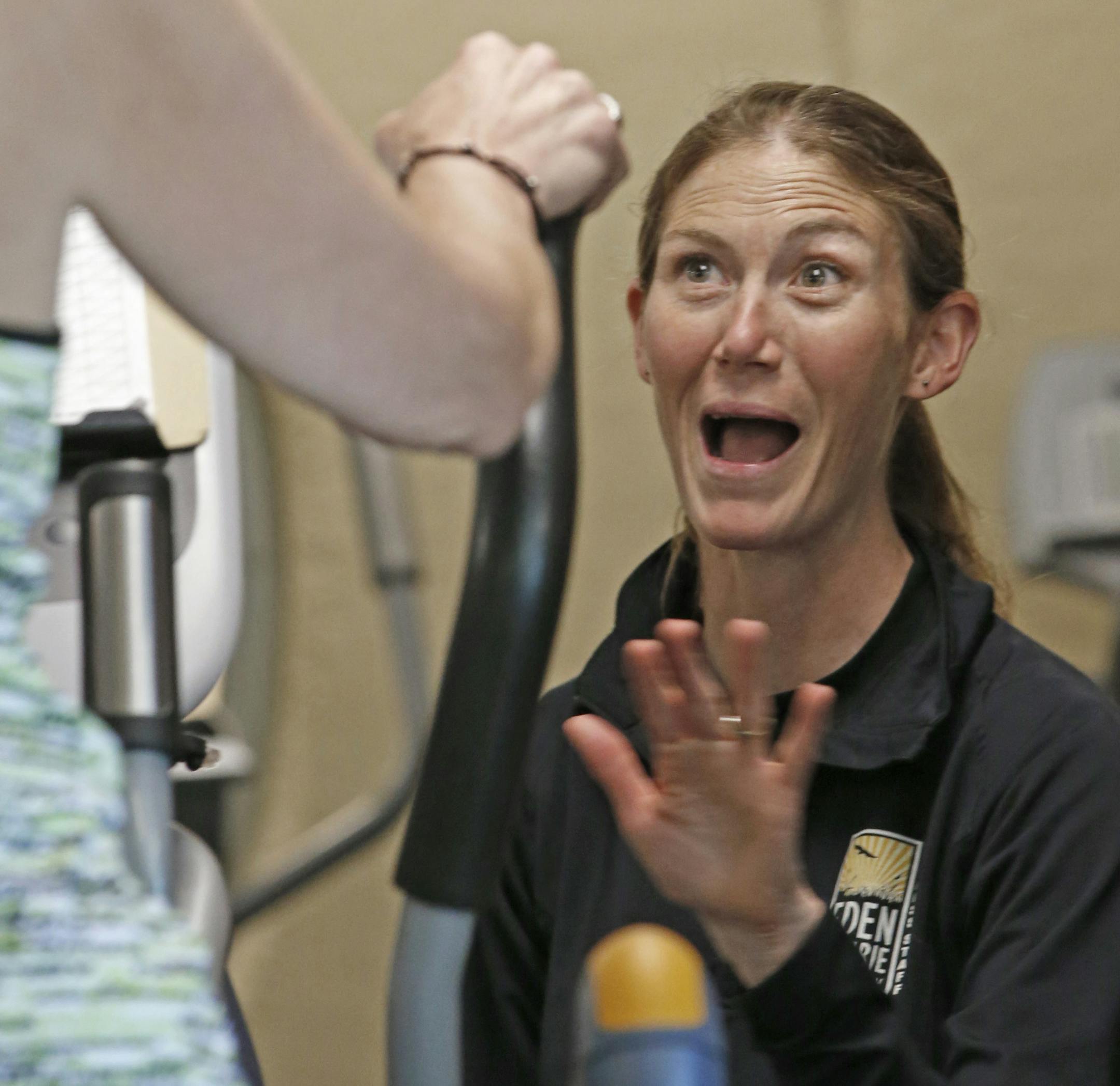 Kara Jeter, cancer fitness class trainer talked with class members during the fitness program for cancer survivors at the Eden Prairie Community Center on 5/23/13.] Bruce Bisping/Star Tribune bbisping@startribune.com Kara Jeter/source.