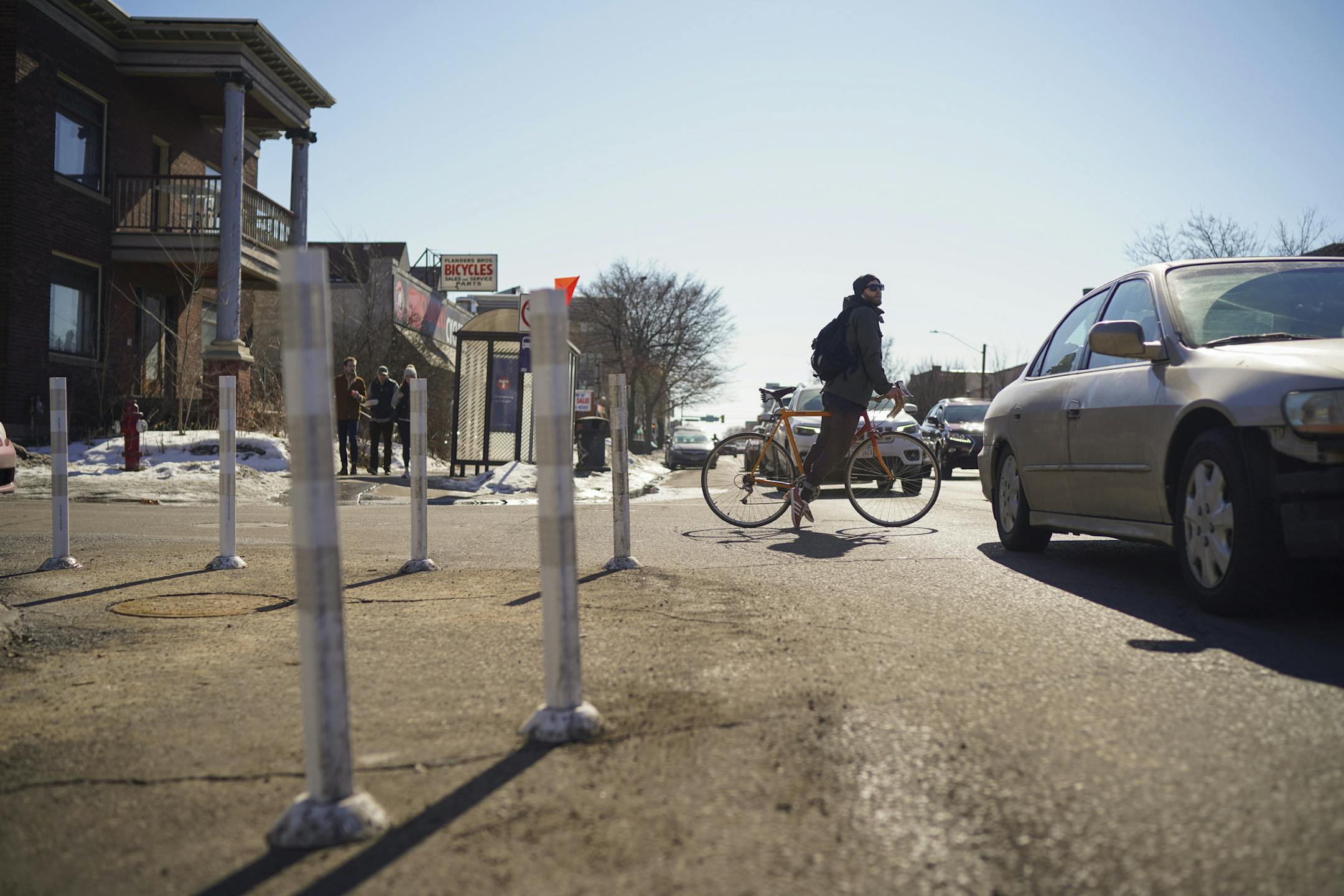 Delineator sticks have been installed at the intersection of 27th and Lyndale Ave. S. ] JEFF WHEELER • Jeff.Wheeler@startribune.com Lyndale Ave. S. was designated one of the most dangerous corridors in Minneapolis after the death of a 53-year-old man on the street last year. The street was photographed Sunday afternoon, February 23, 2020.