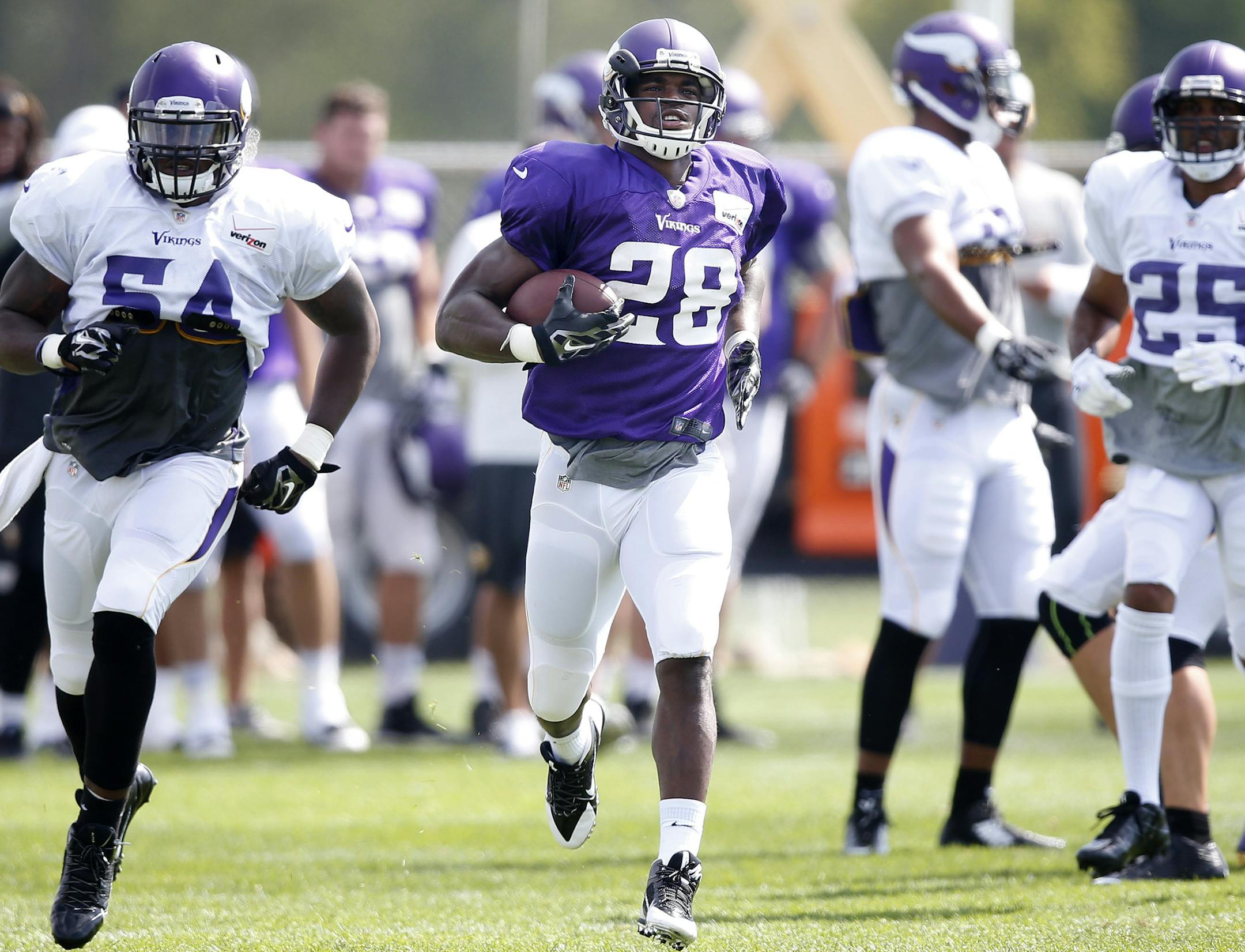 Minnesota Vikings Adrian Peterson (28) during practice on Wednesday. ] CARLOS GONZALEZ cgonzalez@startribune.com - August 13, 2014 , Mankato, Minn., Minnesota State University, Mankato, Minnesota Vikings Training Camp, NFL,