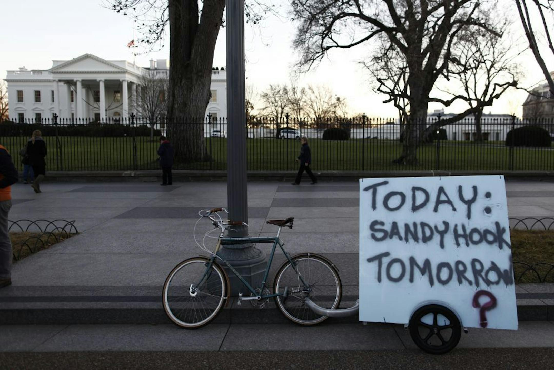 A bicycle at a protest in favor of gun control, held in reaction to a school shooting in Connecticut, on Pennsylvania Avenue in front of the White House in Washington, Dec. 14, 2012. A gunman killed 26 people, 20 of them small children, in a shooting on Friday morning at an elementary school in Newtown, Conn., the authorities said.