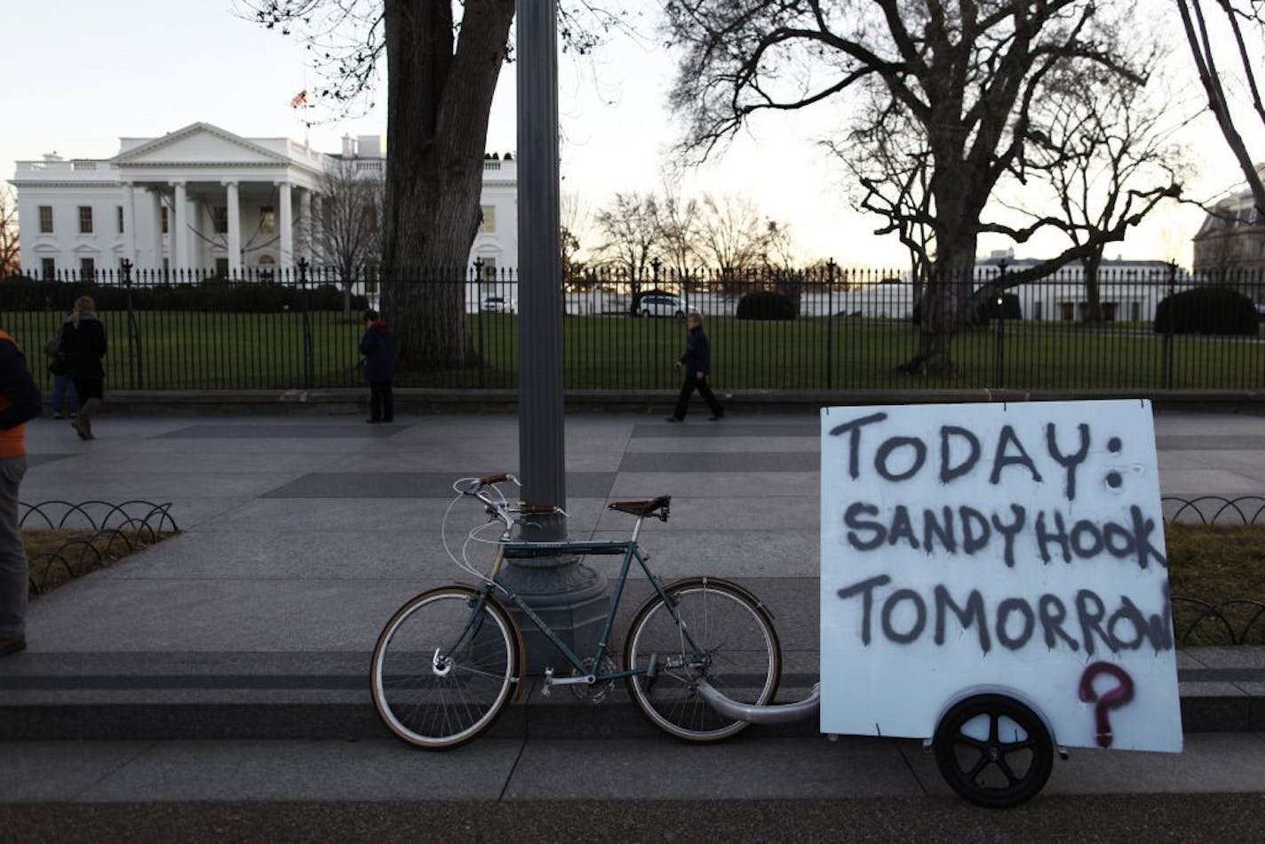 A bicycle at a protest in favor of gun control, held in reaction to a school shooting in Connecticut, on Pennsylvania Avenue in front of the White House in Washington, Dec. 14, 2012. A gunman killed 26 people, 20 of them small children, in a shooting on Friday morning at an elementary school in Newtown, Conn., the authorities said.