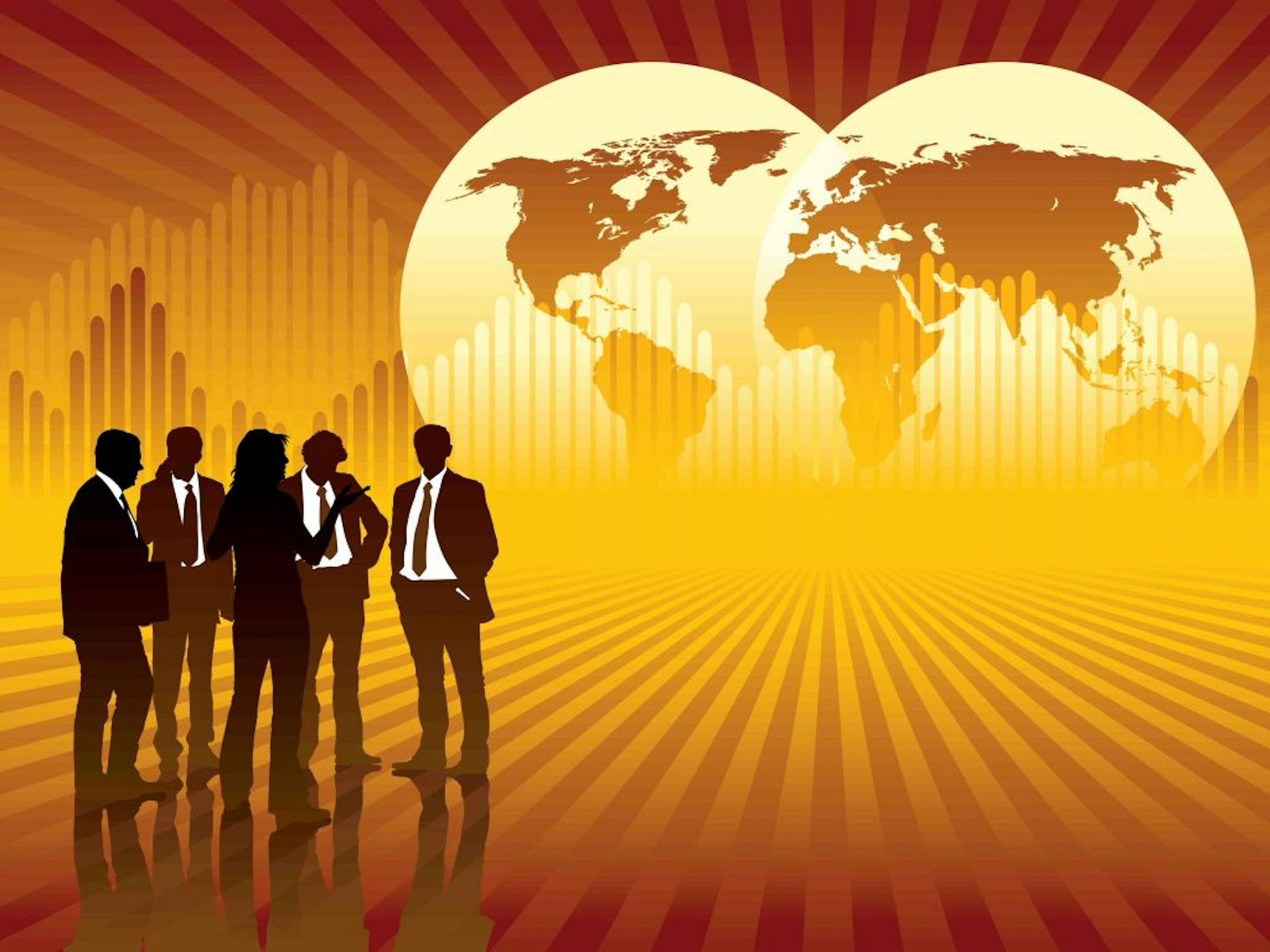 People are talking, world map and graph in the background, conceptual business illustration.