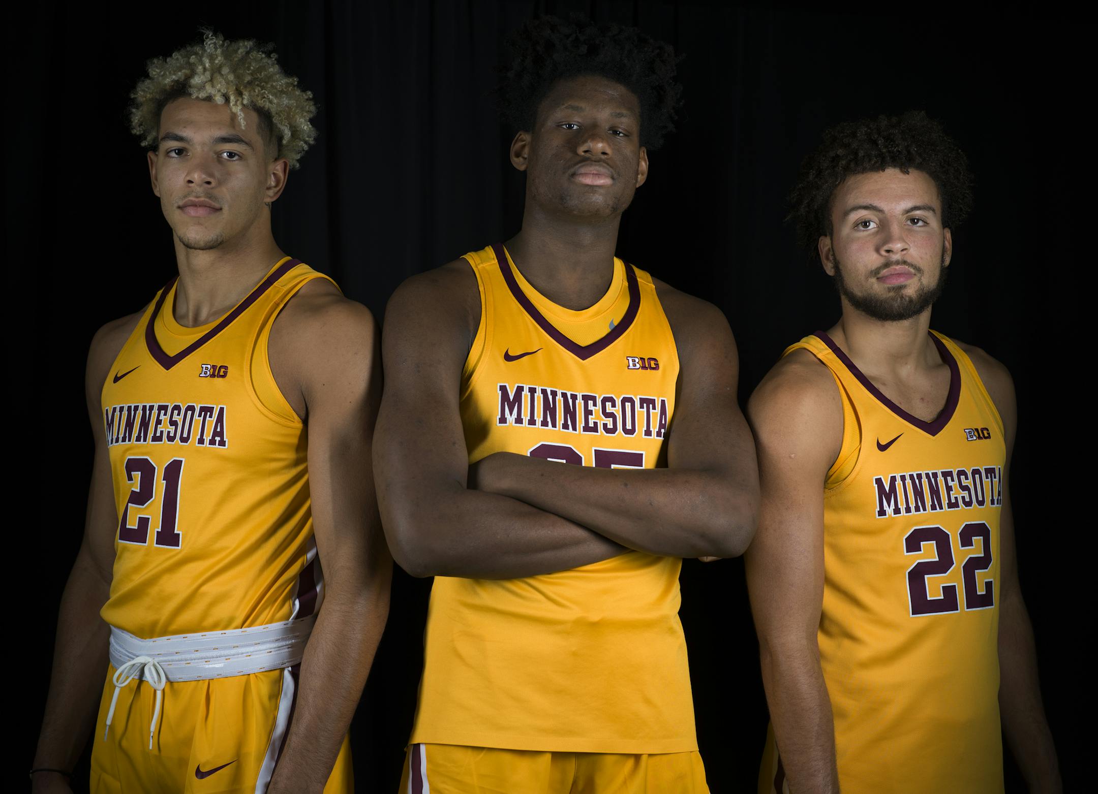 L to R: Minnesota grown freshmen Jarvis Omersa, Daniel Oturu, and Gabe Kalscheur are looking to make their mark this season.] Notebook from media day.
PHOTOS: Requested. NOTE: All portraits and single-focused action shots should be saved for future use. Daily use of general action from the scrimmage is fine.Richard Tsong-Taatarii&#x2022;Richard.Tsong-Taatarii@startribune.com.