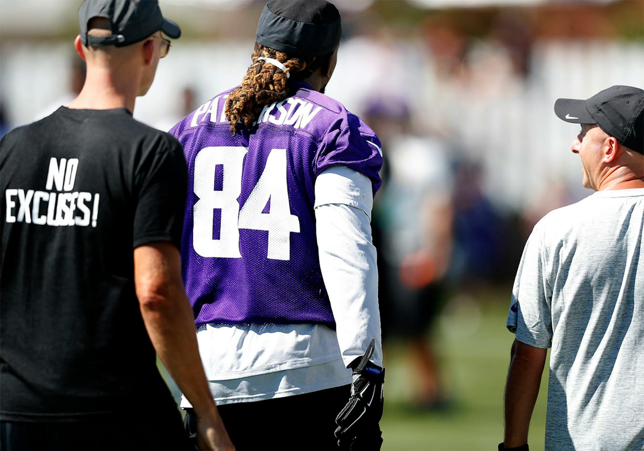 Cordarrelle Patterson (84) walked off the field after a play during the afternoon practice on the first day of training camp in Mankato.