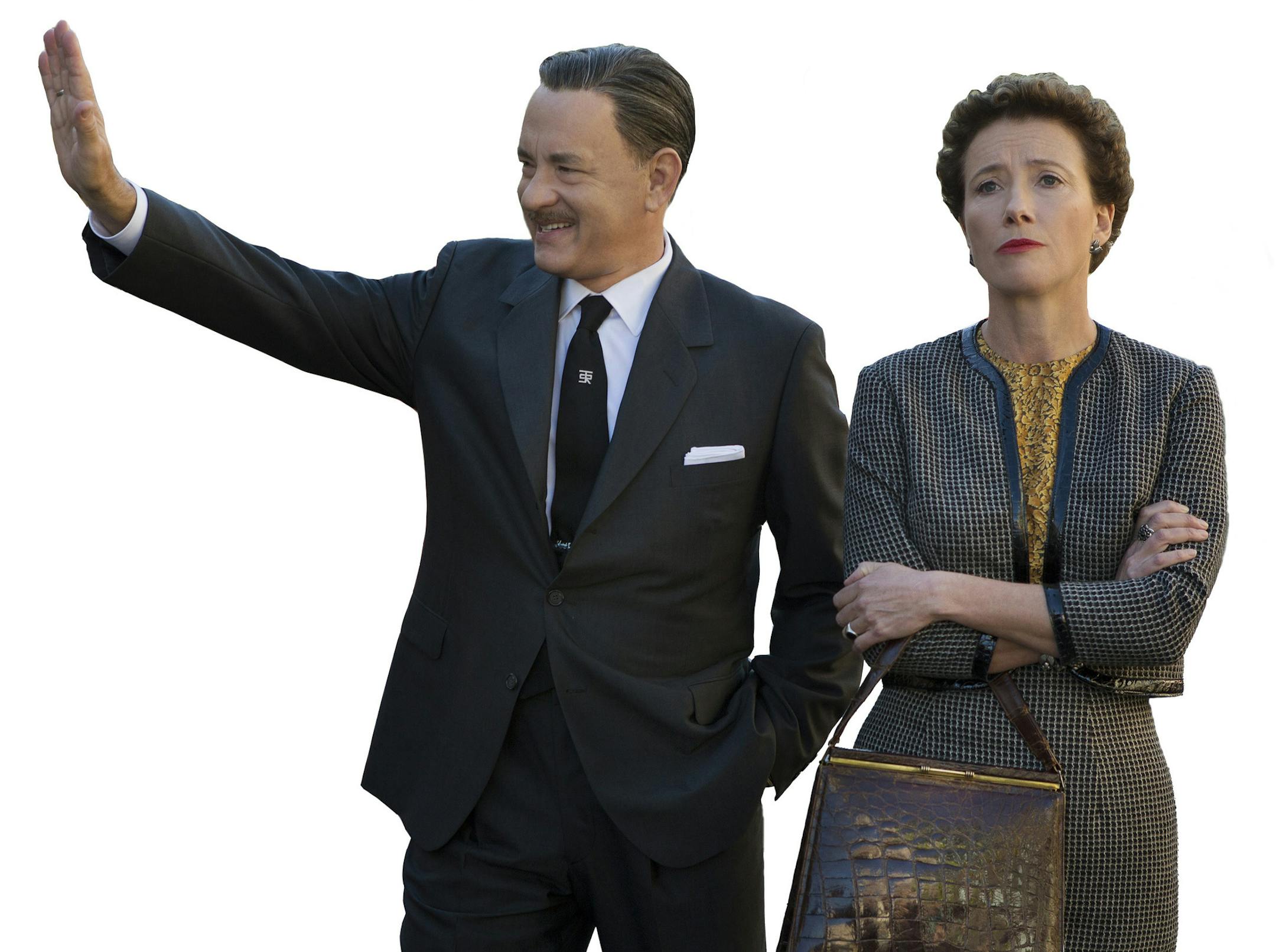 This image released by Disney shows Tom Hanks as Walt Disney, left, and Emma Thompson as author P.L. Travers in a scene from "Saving Mr. Banks." (AP Photo/Disney, Fran√ßois Duhamel) ORG XMIT: MIN2013121615513760