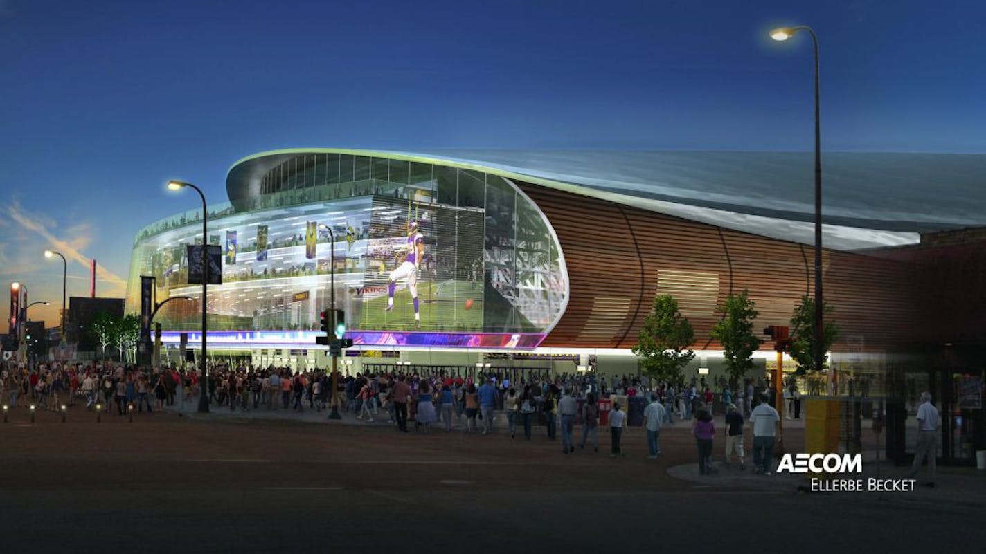 Rendering of a new Vikings stadium on the Metrodome site.