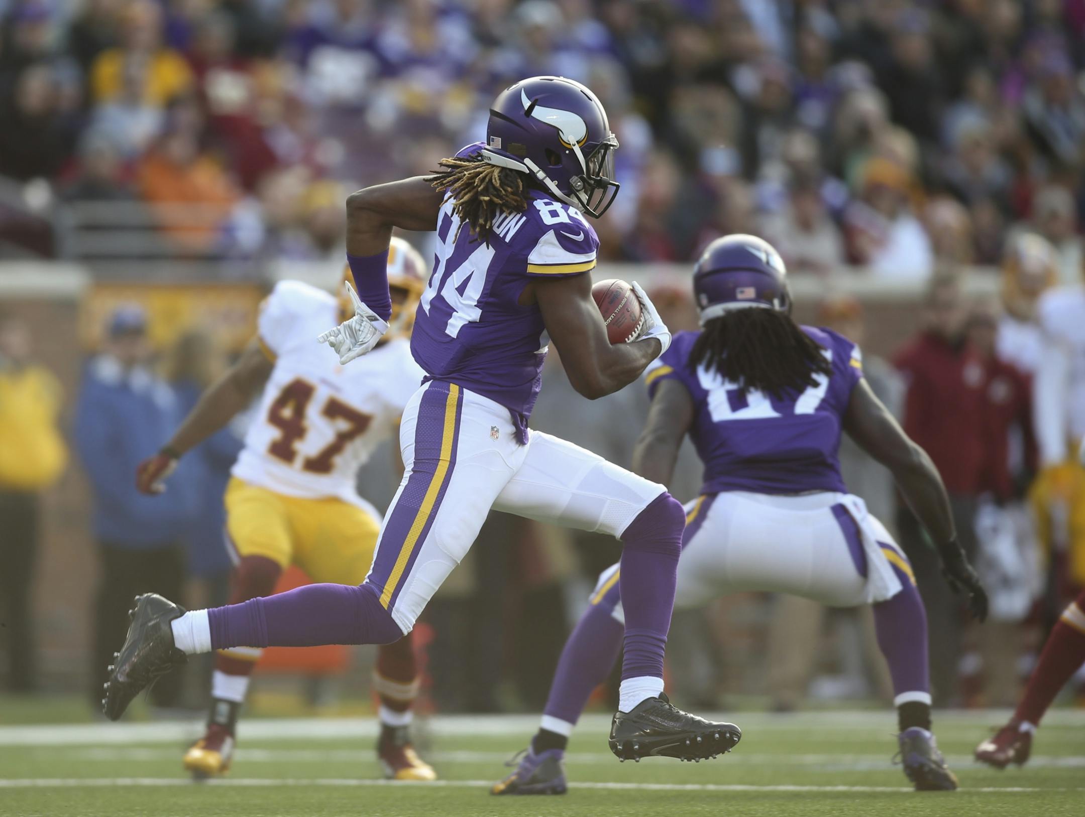 Minnesota Vikings wide receiver Cordarrelle Patterson (84) had a 32 yard kickoff return in the fourth quarter Sunday at TCF Bank Stadium.