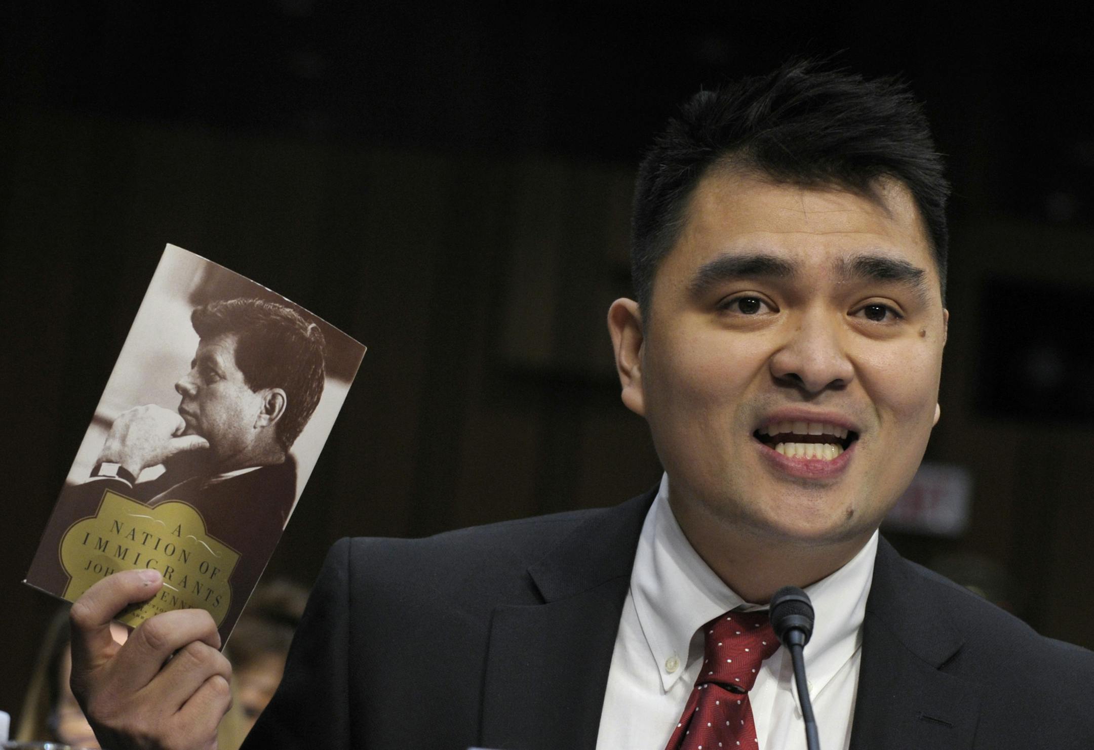 File - In this Feb. 13, 2013 file photo, Pulitzer Prize-winning journalist, immigration rights activist and self-declared undocumented immigrant Jose Antonio Vargas testifies on Capitol Hill in Washington, before the Senate Judiciary Committee hearing on comprehensive immigration reform. Vargas has been detained by U.S. Border Patrol agents at a South Texas airport. Border Patrol spokesman Omar Zamora says Vargas was in custody Tuesday morning, July 15, 2014, but he had no other details. (AP Pho