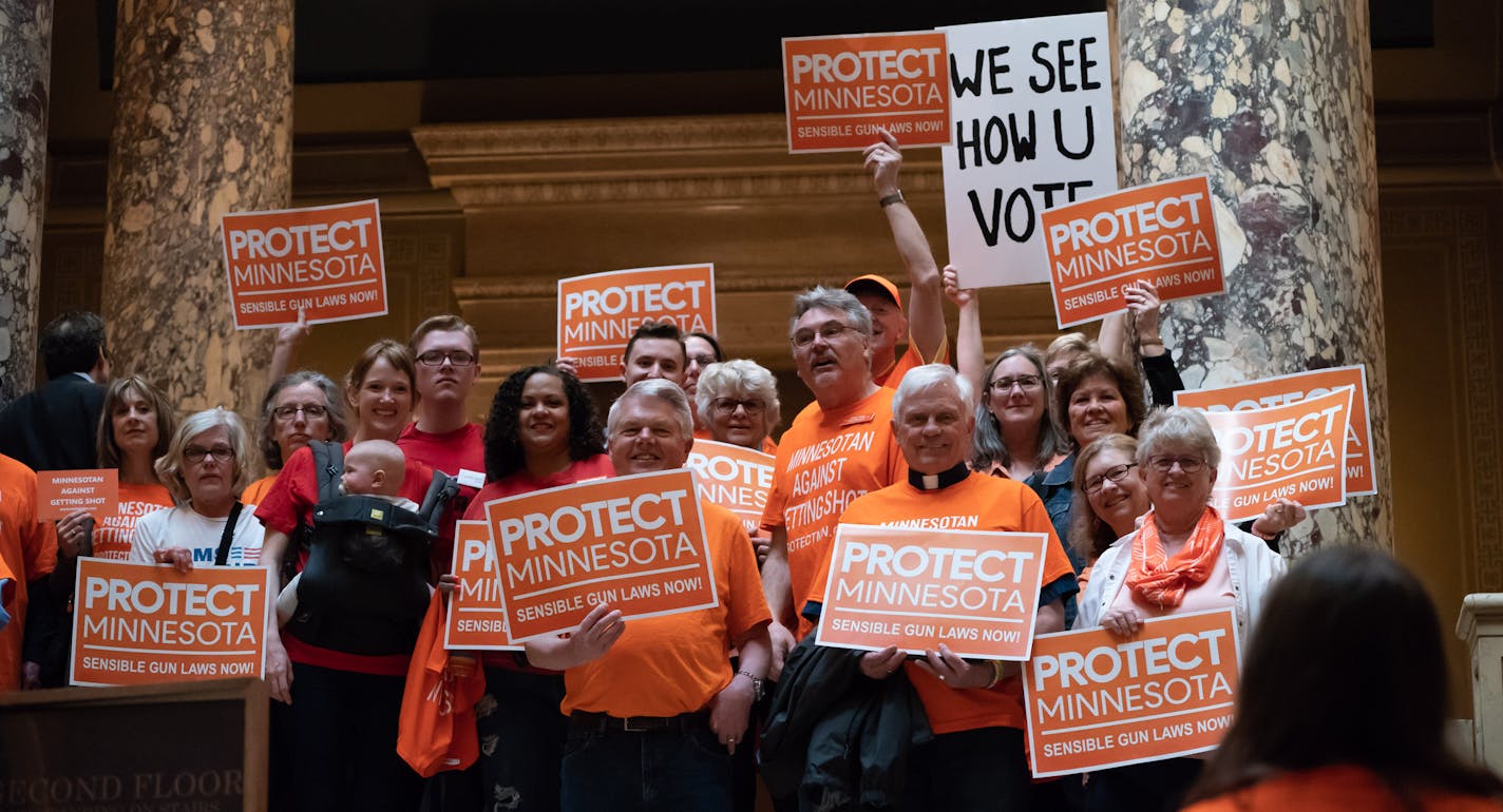 Members of the group Protect Minnesota stood outside the Senate Chambers as Senators entered. The group is calling for sensible gun laws at the Capitol which a recent Star Tribune poll said most Minnesotans support. The Senate was expected to debate the issue Thursday as part of an omnibus bill. ] GLEN STUBBE &#x2022; glen.stubbe@startribune.com Thursday, April 26, 2018 MN