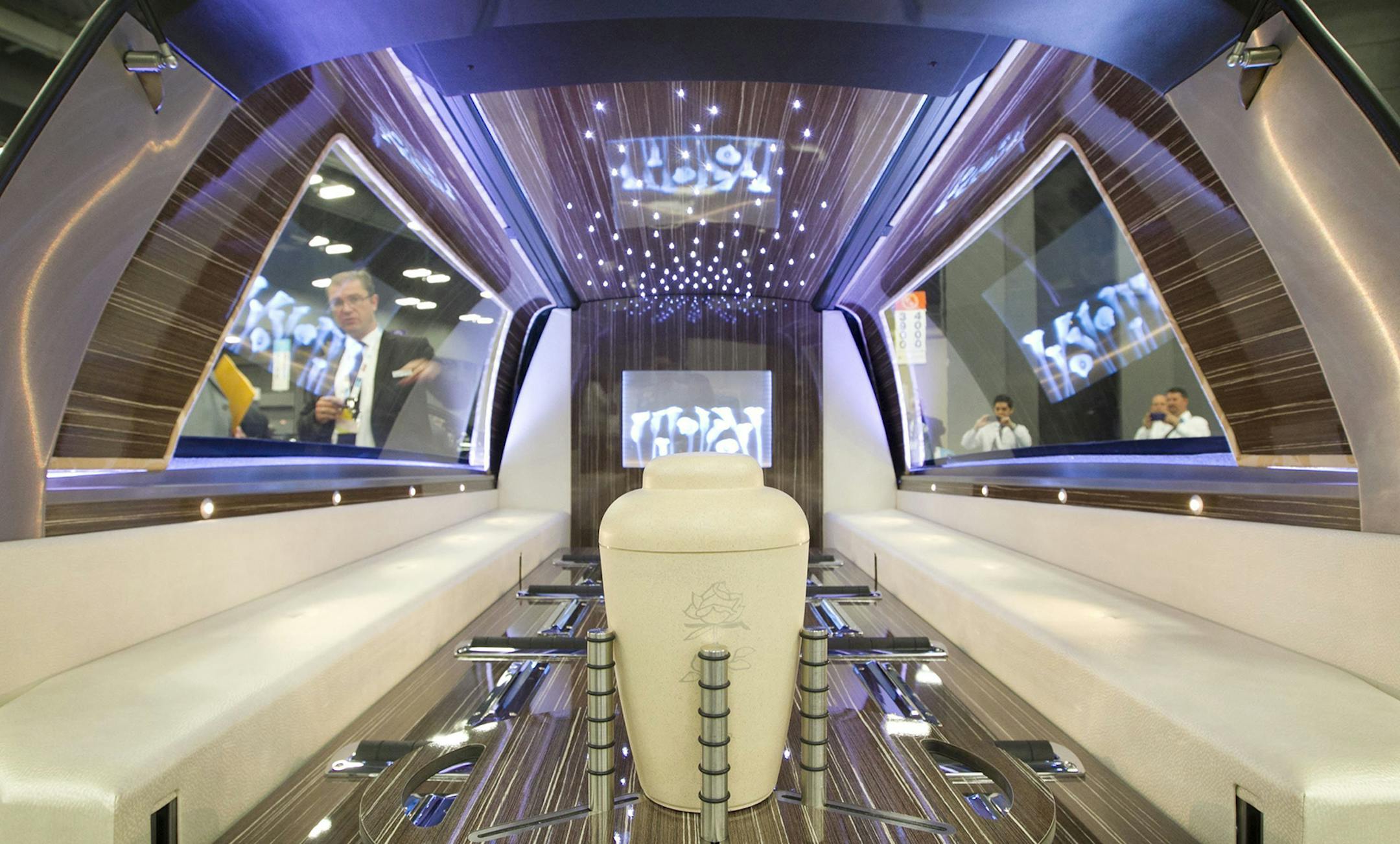 An urn is in the back of a $170,000 state-of-the-art Binz U.S. Hearse displayed at the National Funeral Directors Association International Convention and Expo in Austin, Texas, on Oct. 22, 2013. (Jay Janner/Austin American-Statesman/MCT) ORG XMIT: 1144758