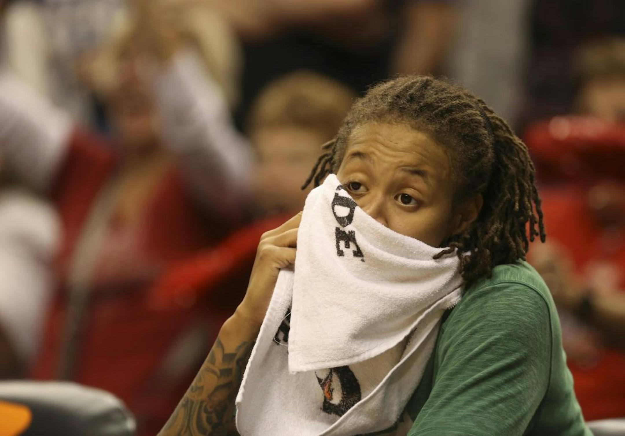 Seimone Augustus sits dejected in the closing minutes of the game against the Indiana Fever during Game 4 of the WNBA Finals