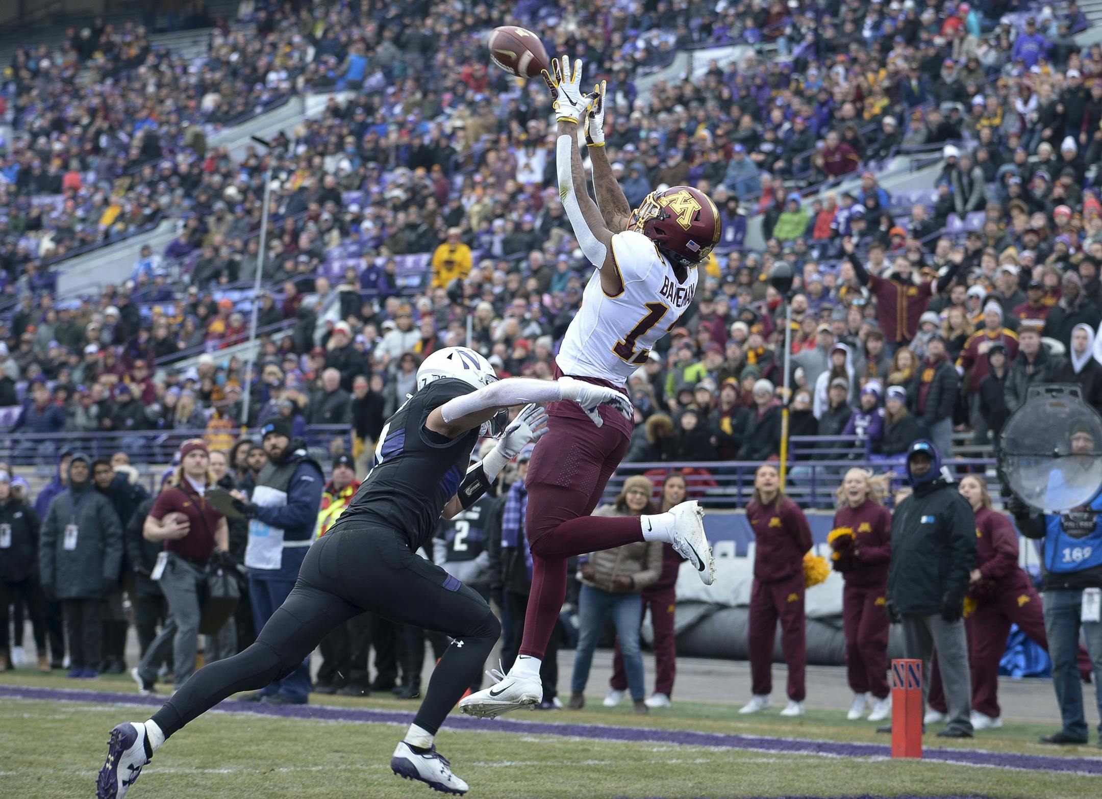 Northwestern defensive back Travis Whillock was unable to stop a touchdown reception by Gophers wide receiver Rashod Bateman in the first quarter.