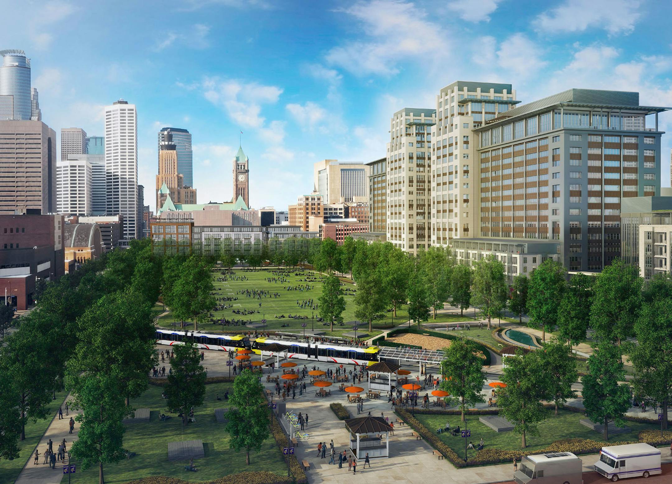 Ryan Companies proposes a $400 million redevelopment of five blocks now dominated by surface parking lots between the downtown central business district and the new Vikings stadium. This revised rendering includes an apartment building on the west end of the park space. ORG XMIT: MIN1311131147280511