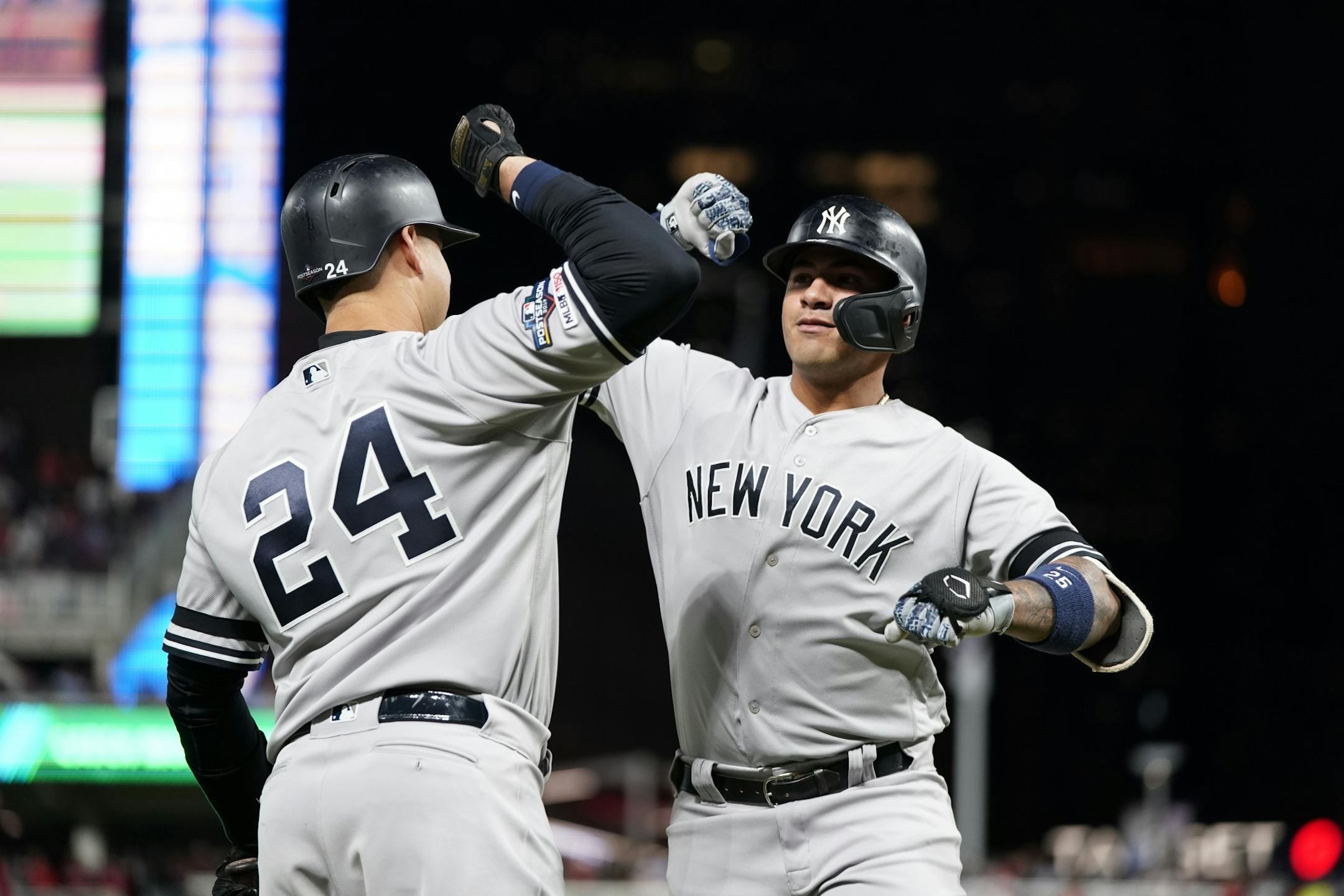 New York Yankees second baseman Gleyber Torres (25) celebrated with New York Yankees catcher Gary Sanchez (24) after hitting the home run in the second inning.