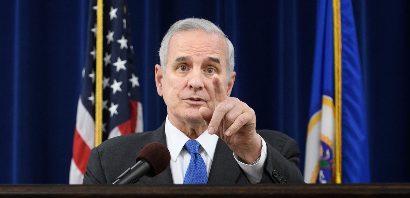 Gov. Mark Dayton addresses the legislature's failure to pass a bonding or transit bill, Monday, May 23, 2016. Dayton said he hasn't decided whether he's going to give state lawmakers a second chance to finish their work and fund both public works projects and road and bridge repairs that were left undone after the Legislature devolved into chaos in the final minutes of the session early Monday morning. (Glen Stubbe/The Daily Advertiser via AP) MANDATORY CREDIT; ST. PAUL PIONEER PRESS OUT; MAGS O