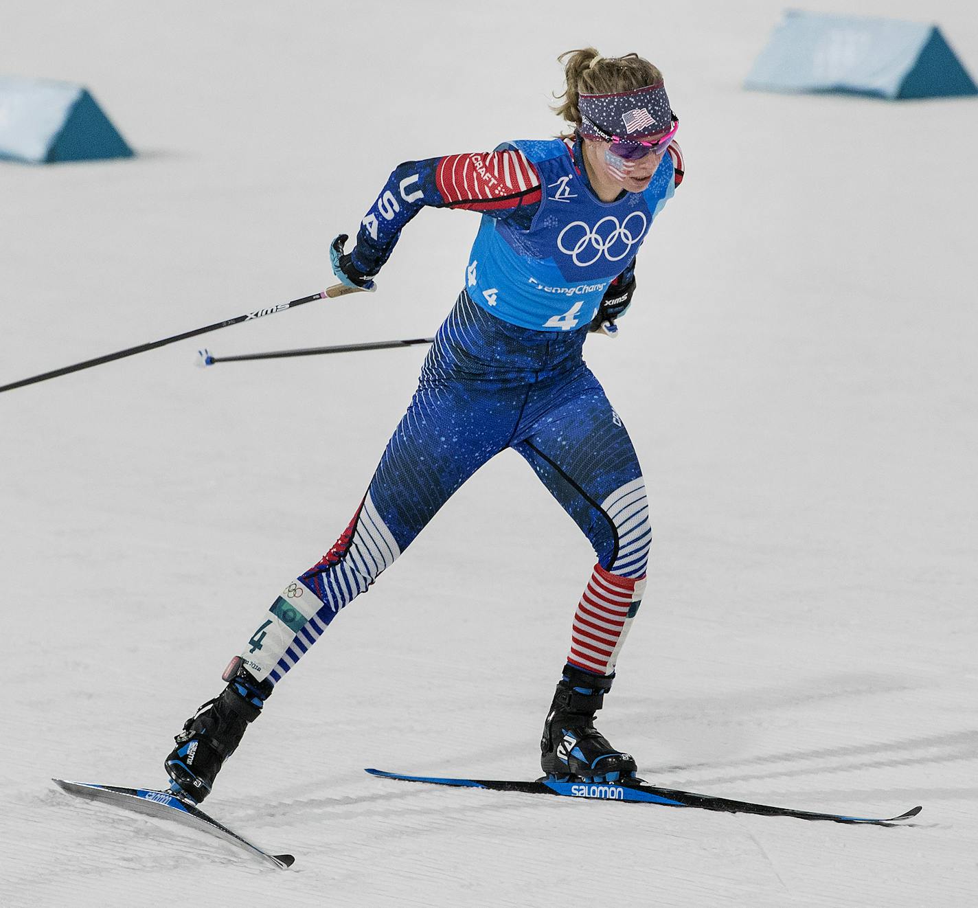 Jessie Diggins during her leg in Women's 4x5km Relay at Alpensia Cross-Country Centre. The USA finished in fifth place. ] CARLOS GONZALEZ &#xef; cgonzalez@startribune.com - February 17, 2018, South Korea, 2018 Pyeongchang Winter Olympics, Alpensia Cross-Country Centre, Women's 4x5km Relay