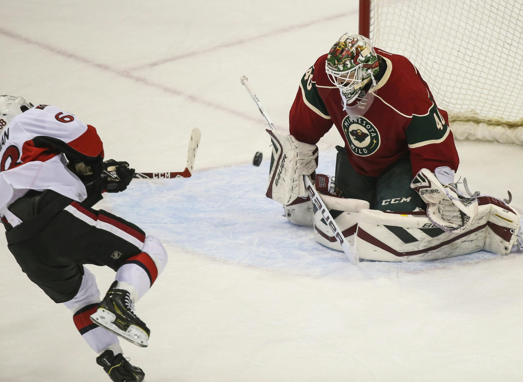 Wild goalie Devan Dubnyk blocks a shootout shot by Ottawa's Bobby Ryan in overtime to end the game. ] RENEE JONES SCHNEIDER • reneejones@startribune.com The Minnesota Wild played the Ottawa Senators on Tuesday, March 3, 2015 in at the Xcel Energy Center in St. Paul, Minn.