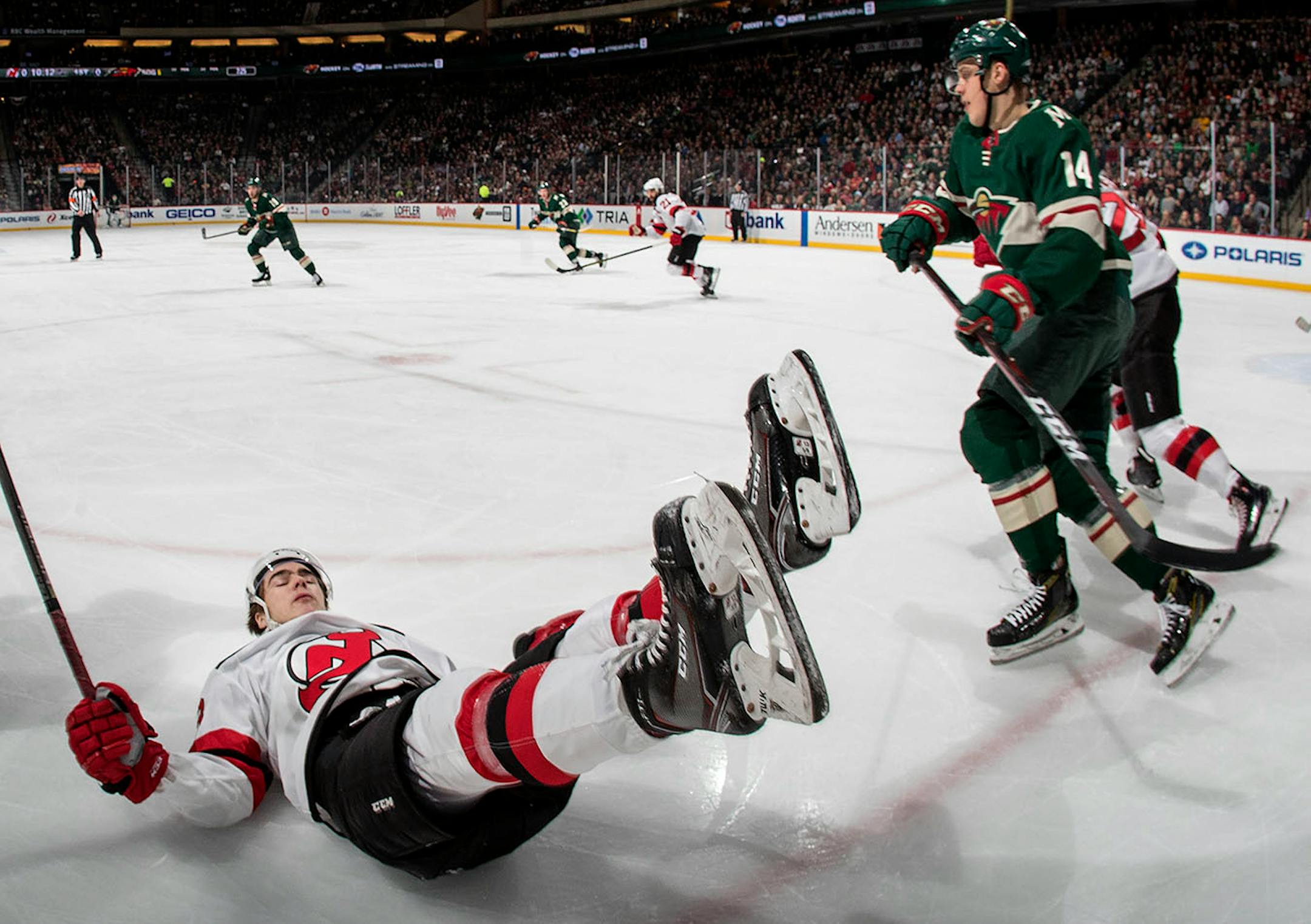 Devils center Nico Heschier lost his footing in the first period.