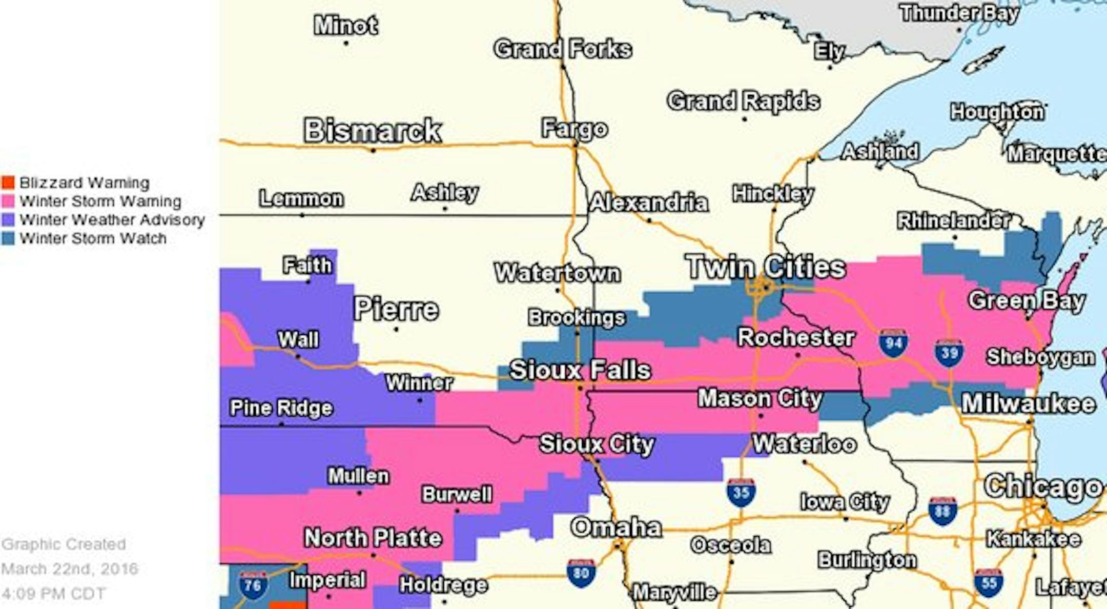 A winter storm warning for 6 to 12 inches is posted from southern Minnesota to central Wisconsin. A winter storm watch includes the Twin Cities, where to 3 to 6 inches is possible.