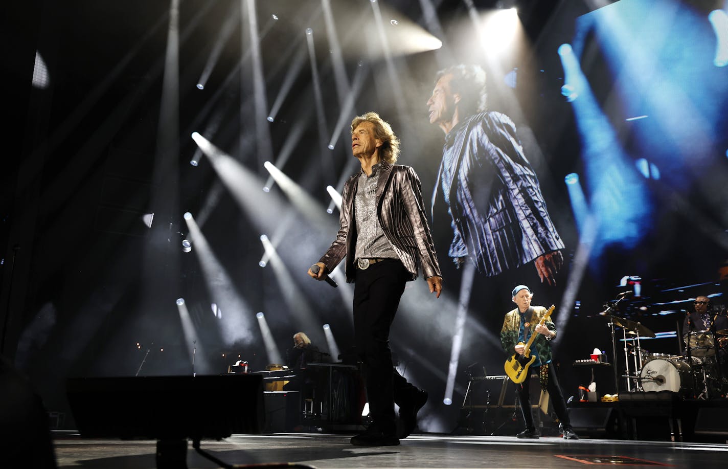 HOUSTON, TEXAS - APRIL 28:  Mick Jagger performs on stage during The Rolling Stones' 'STONES TOUR '24 HACKNEY DIAMONDS' at NRG Stadium on April 28, 2024 in Houston, Texas. (Photo by Kevin Mazur/Getty Images for RS)