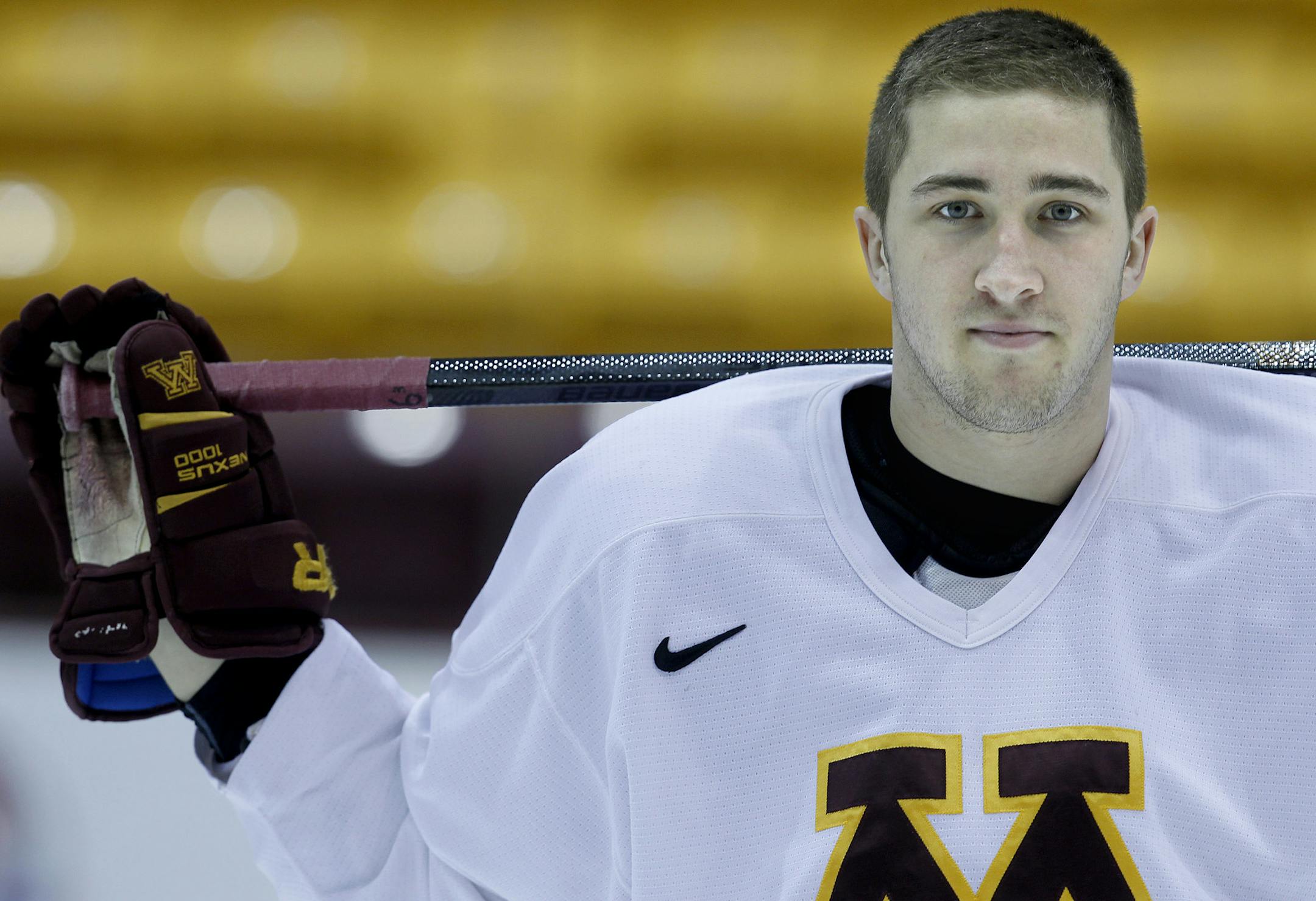 Gophers defenseman Jake Parenteau just returned from a broken leg he thought would end his career. The senior said his first game back was the most nervous he's ever been. He is also among the conference and nation leaders on plus/minus. Here Parenteau suited up for practice Wednesday, February 12, 2014 at Mariucci Arena.(ELIZABETH FLORES/STAR TRIBUNE) ELIZABETH FLORES • eflores@startribune.com
