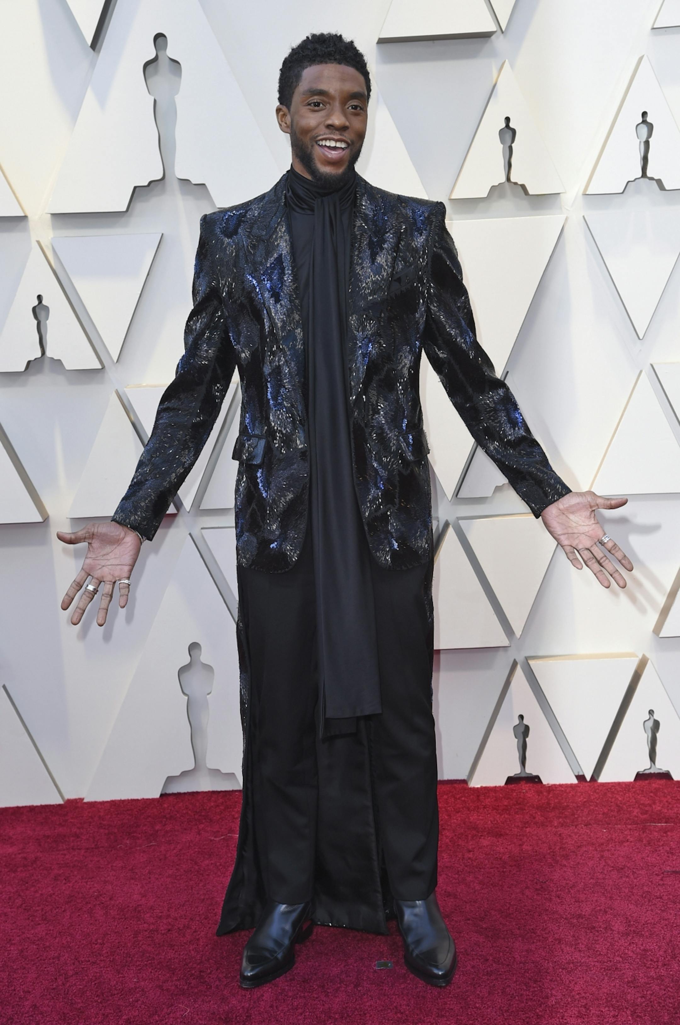 Chadwick Boseman arrives at the Oscars on Sunday, Feb. 24, 2019, at the Dolby Theatre in Los Angeles.