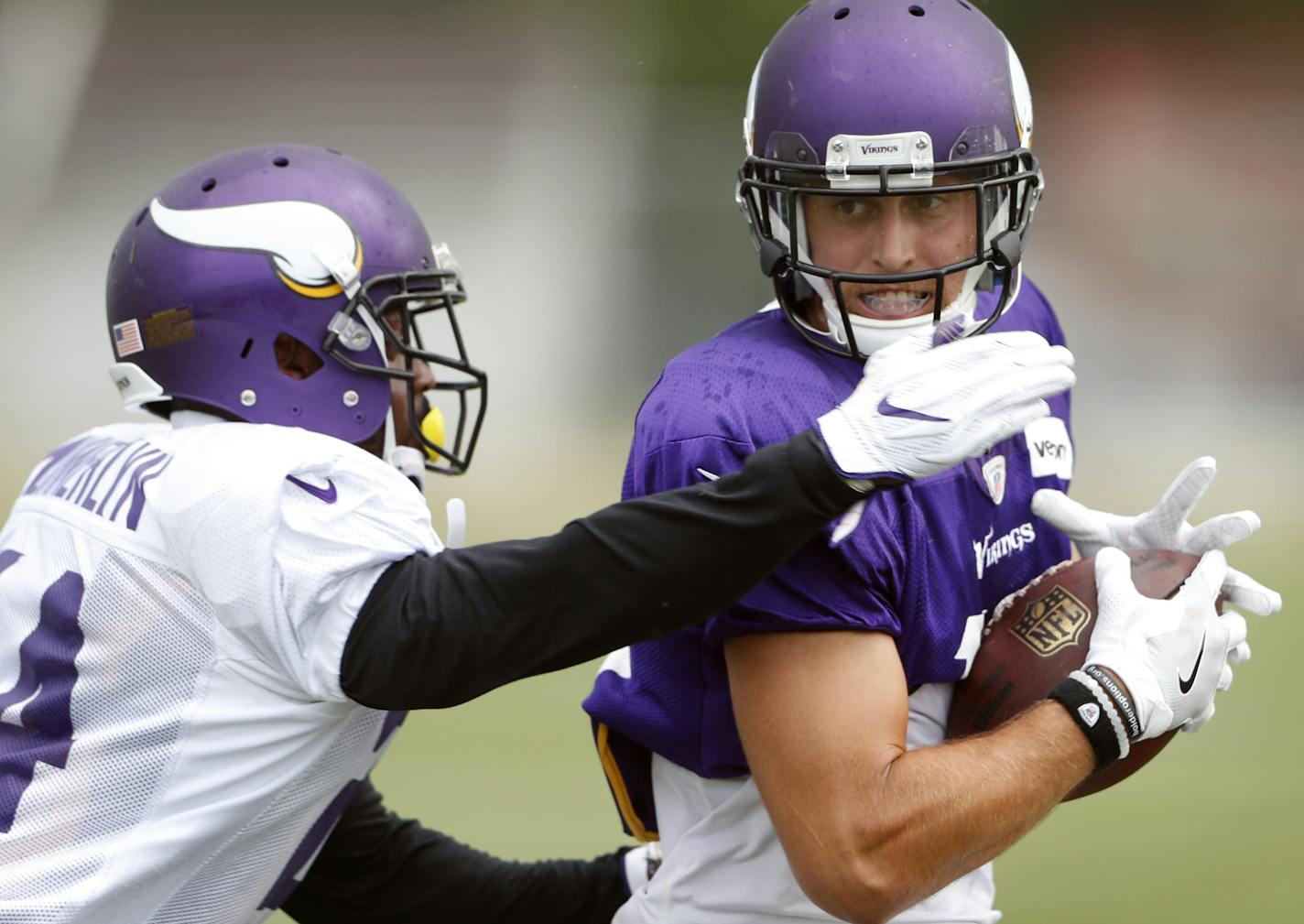 Adam Thielen caught a pass over Captain Munnerlyn during practice Thursday August 4, 2016 in Mankato, MN.] The Minnesota Vikings held practice at Minnesota State University, Mankato. Jerry Holt / jerry.Holt@Startribune.com