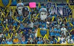 Fans in "Randy Land" cheer as Tampa Bay Rays' Randy Arozarena bats against the Los Angeles Dodgers during the fifth inning of a baseball game Friday, 