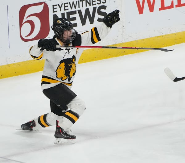 Warroad forward Kate Johnson (16) celebrates after scoring in the third period.