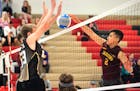 Andover's Derek Owens blocked St. Paul Harding's Newjai Chang during the boys' volleyball state tournament championship.