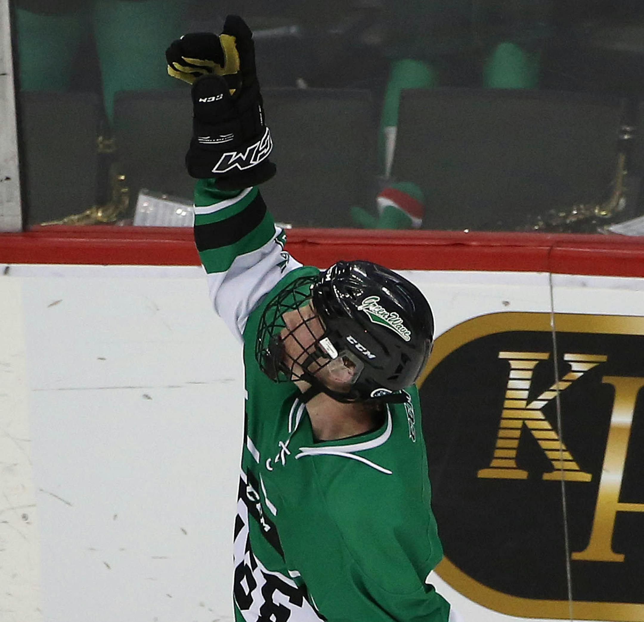 East Grand Forksí Trevor Selk celebrated after scoring a goal in the third period.] JIM GEHRZ ï james.gehrz@startribune.com / Minneapolis, MN / March 6, 2015 /11:00 AM ñ BACKGROUND INFORMATION: Mahtomedi High School played East Grand Forks in the Class A semifinals of the 2015 Minnesota Boys High School Hockey State Tournament Friday at the Xcel Energy Center. East Grand Forks won the game, 5-2.
