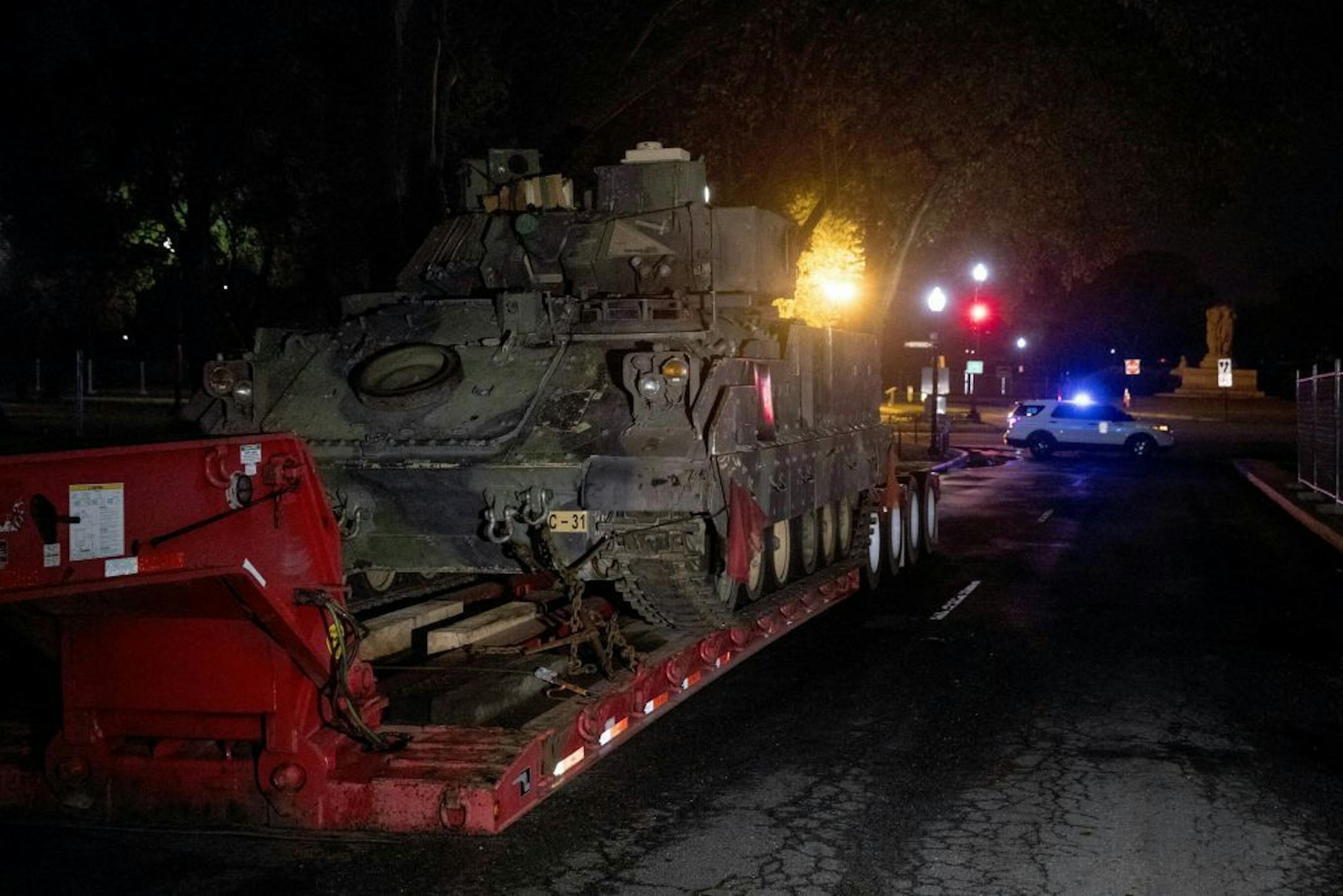 One of two Bradley Fighting Vehicles is parked next to the Lincoln Memorial before President Donald Trump's "Salute to America," event honoring service branches on Independence Day, Tuesday, July 2, 2019, in Washington. Trump is promising military tanks along with "Incredible Flyovers & biggest ever Fireworks!" for the Fourth of July.