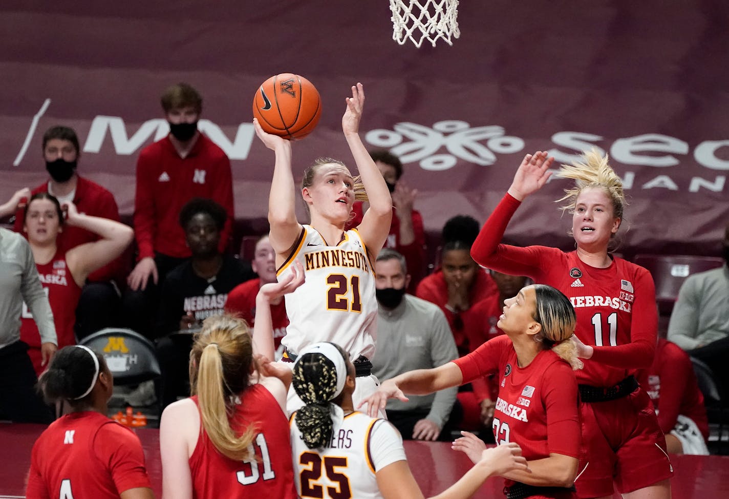 Gophers guard Caroline Strande in action vs. Nebraska earlier this season, the opponent Minnesota will face Wednesday to open the Big Ten tournament.