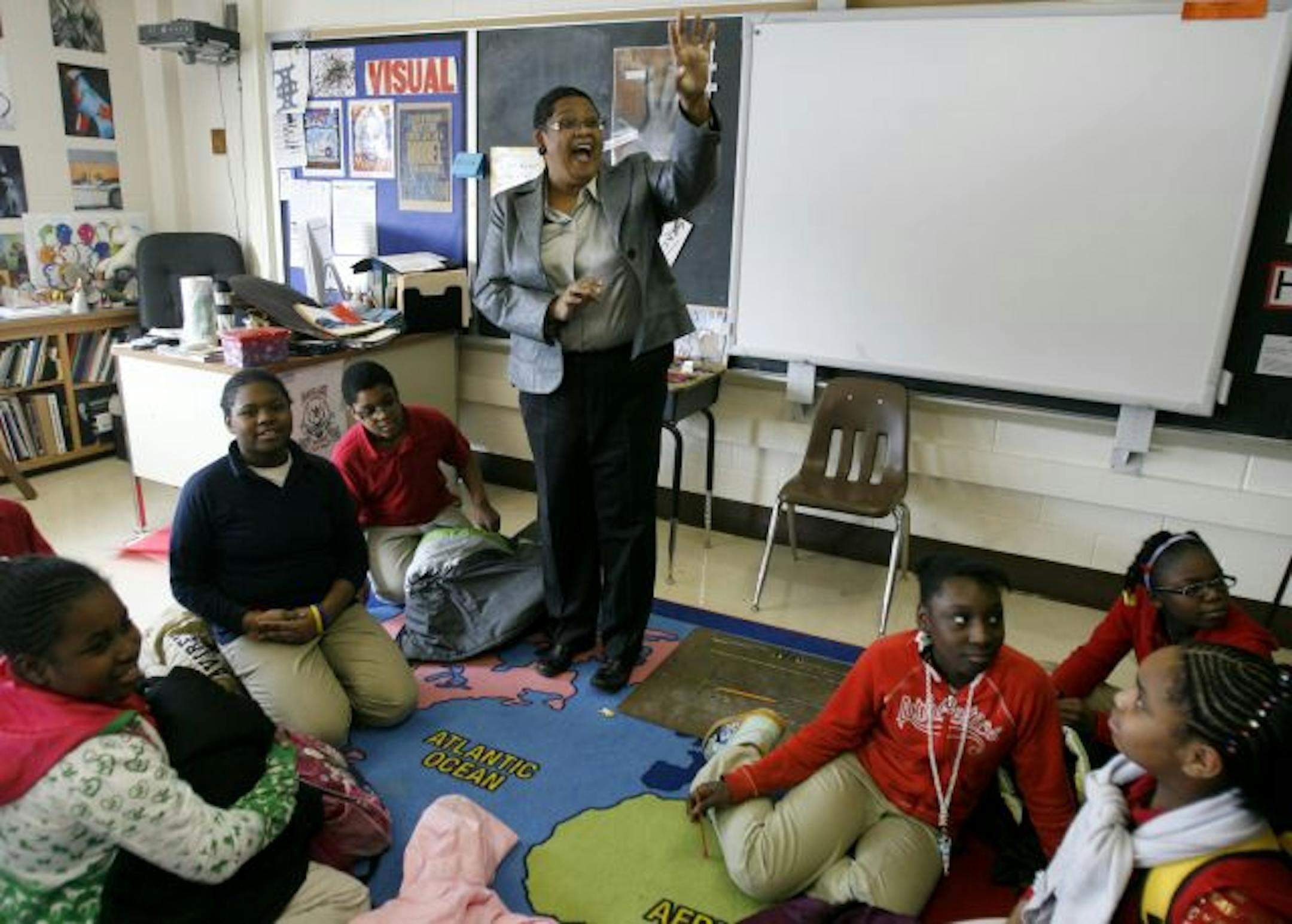 Bernadeia Johnson waved at a passerby while visiting fifth-graders at Hall. "She … is very passionate about the issues of both excellence and equity," said former Superintendent Carol Johnson (no relation).