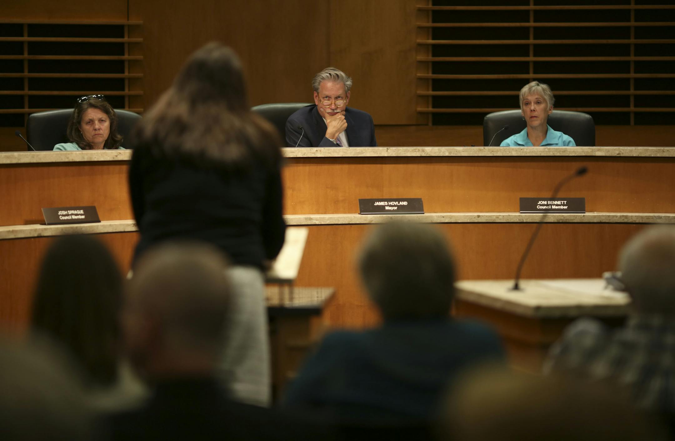 Mayor James Hovland and Council members Ann Swenson, left, and Joni Bennett listened to Maura Schnorbach as she spoke in support of the proposed housing development during a meeting of the Edina City Council Tuesday night. ] JEFF WHEELER ‚Ä¢ jeff.wheeler@startribune.com The Edina City Council took up the controversial topic of a teen homeless shelter at their meeting Tuesday night, September 2, 2014 at the Edina City Hall.
