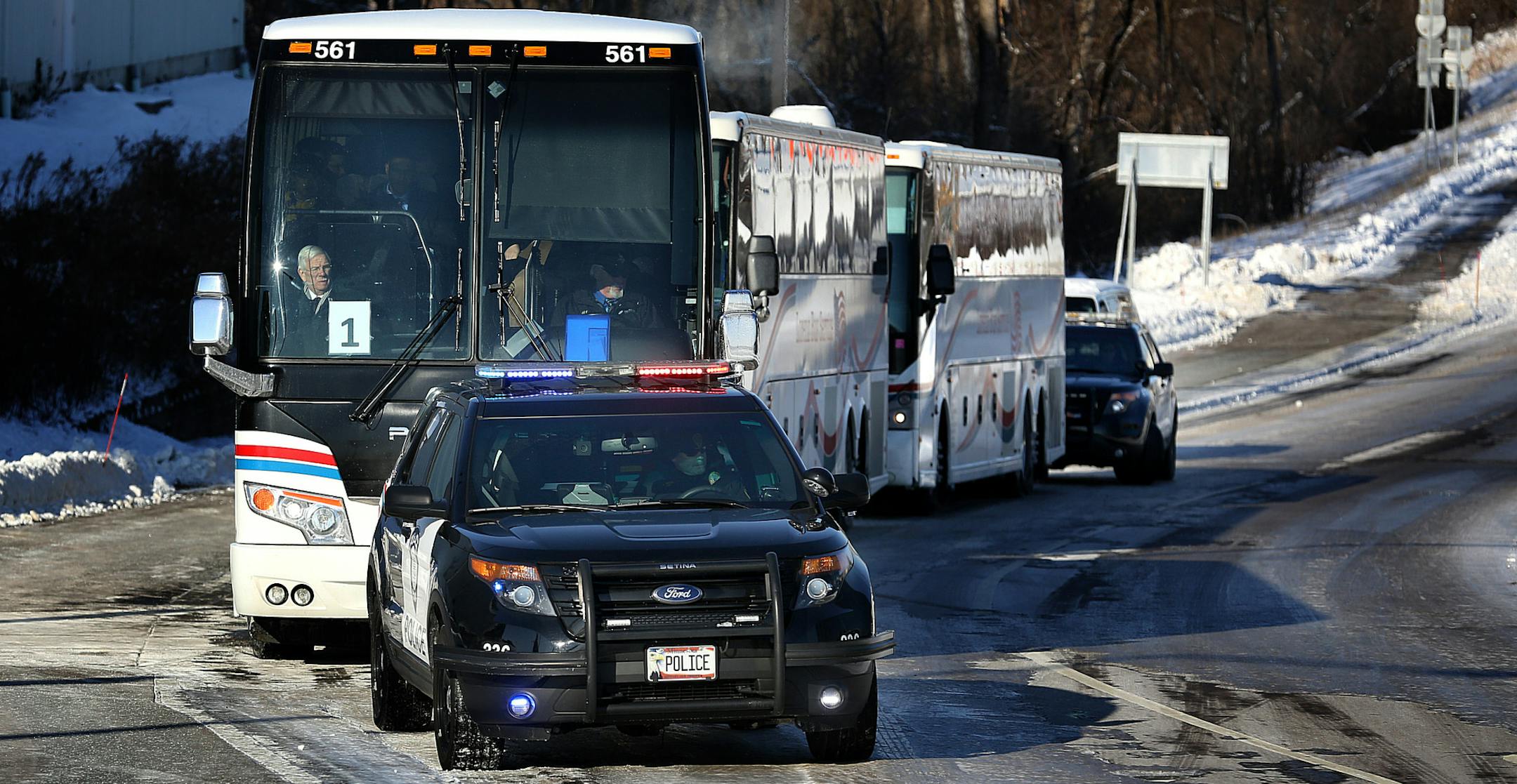 Police escorts accompanied the Minnesota Vikings team bus as they departed Winter Park in Eden Prairie and headed to the airport for their flight to Baltimore for a weekend game against the Ravens.] JIM GEHRZ ‚Ä¢ jgehrz@startribune.com / Eden Prairie, MN / December 7, 2013 / 1:00 PM