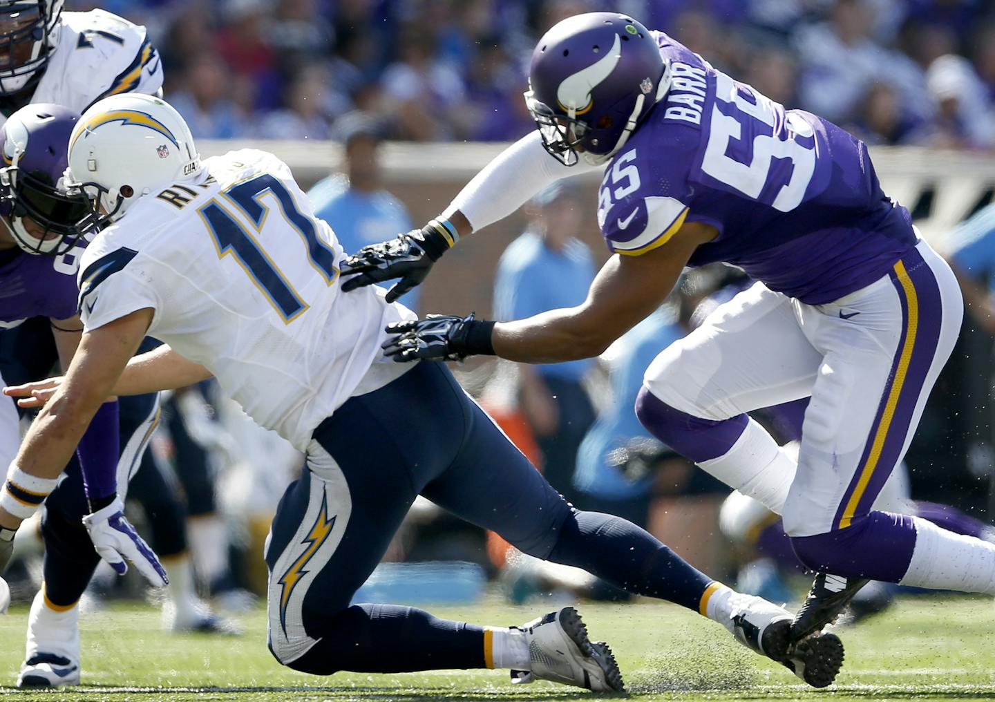 Anthony Barr, pressuring Chargers quarterback Philip Rivers on Sept. 27, is third on the team with 27 tackles.