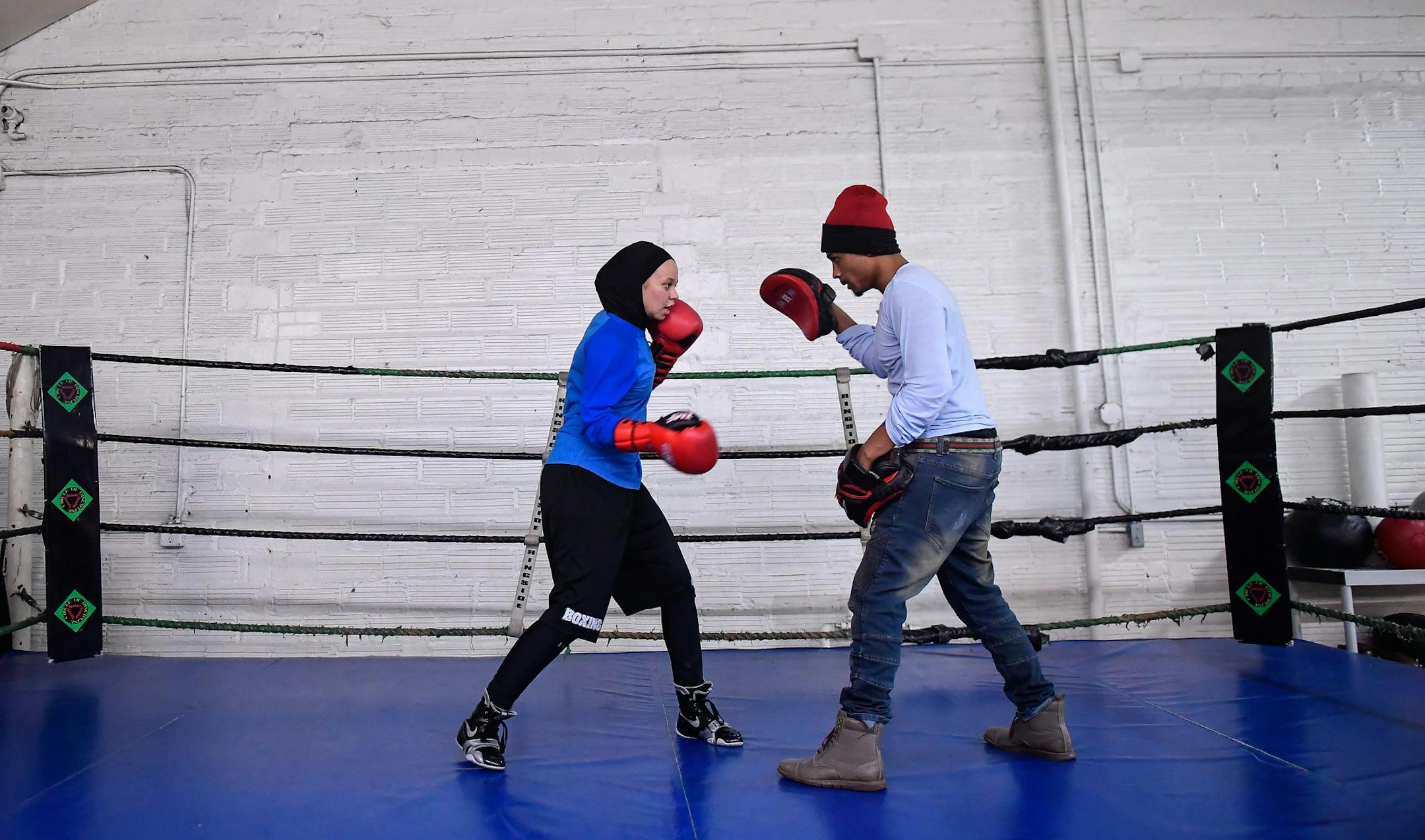 Amaiya Zafar trained with Jonathan Perez, a coach and professional boxer, at Circle of Discipline boxing gym in Minneapolis Tuesday night. ] AARON LAVINSKY &#xef; aaron.lavinsky@startribune.com Amaiya Zafar, a Minnesota native, is a boxer who wears the hijab. Her fight in Kissimmee, Fla., was called off by the International Boxing Association for what they called reasons of safety. Since then, Zafar has been training at Circle of Discipline, a Minneapolis gym, and says the decision of the boxing