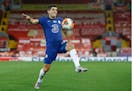 Chelsea's Christian Pulisic controls the ball during a July 22, 2020 Premier League soccer match between Liverpool and Chelsea at Anfield Stadium in L