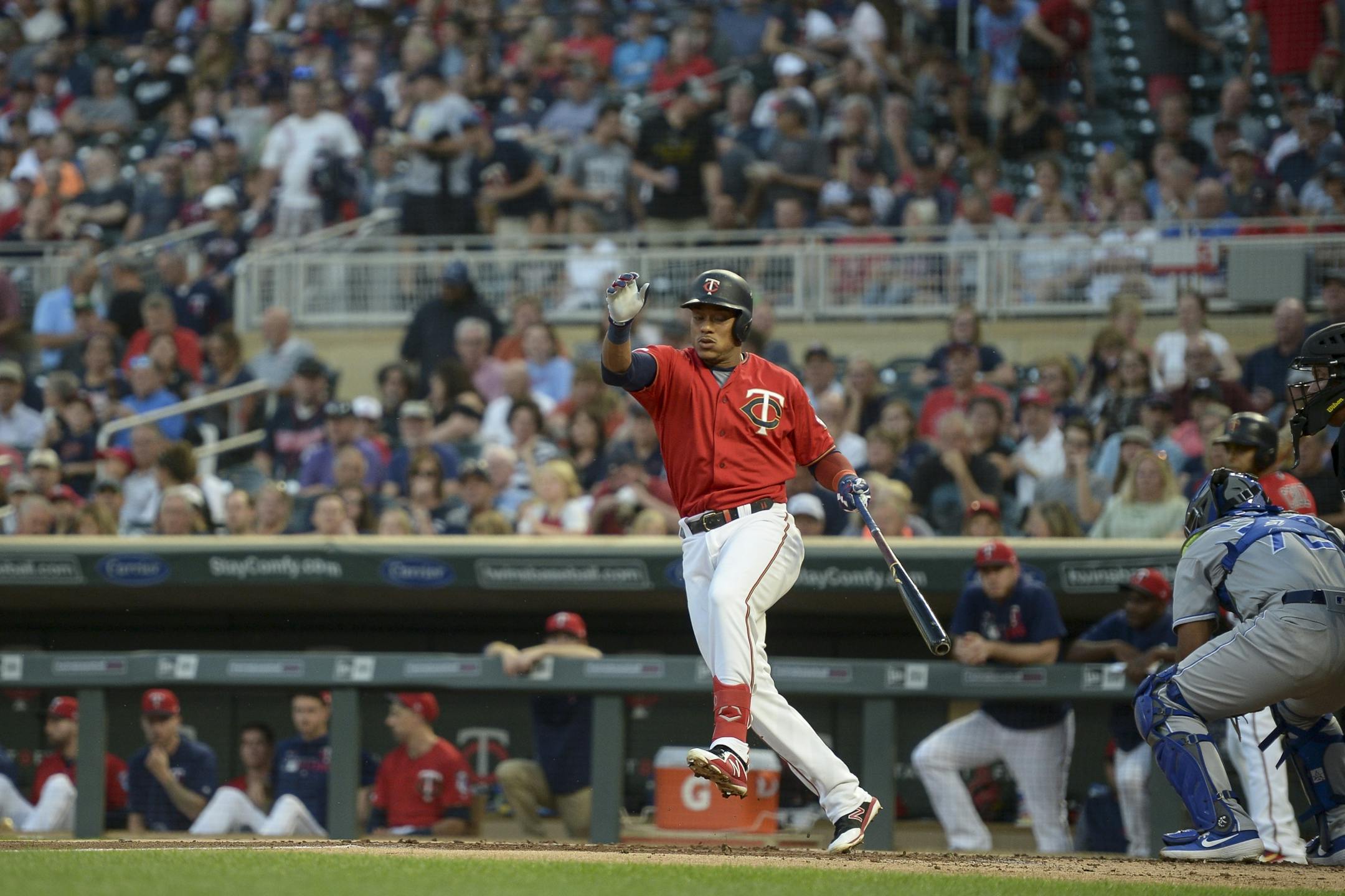 Minnesota Twins shortstop Jorge Polanco (11) was struck out swinging in the top of the first inning against the Kansas City Royals.